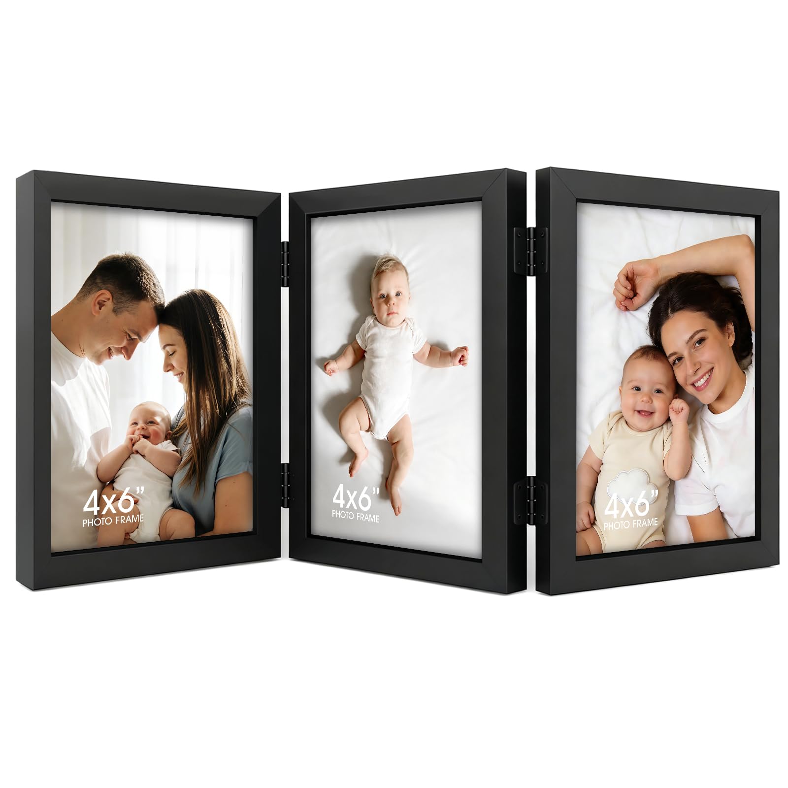 4x6 Folding Hinged Picture Frame, 3 Openings Collage Photo Frame, Wall Mounted and Tabletop Standing, Ideal for Family Wedding Memories, Home Decor