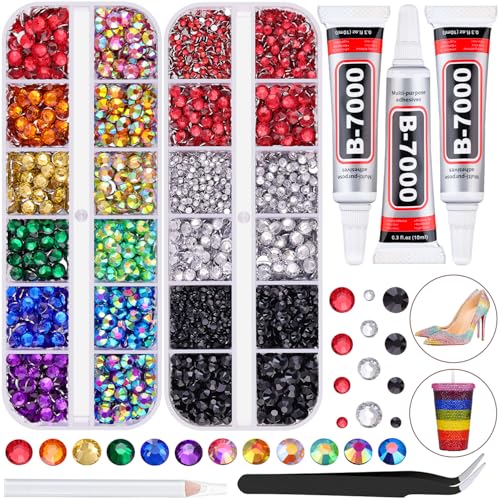 Image of 8500 PCS Flatback Rhinestones for Bedazzling with 3PCS B7000 Jewelry Glue (Pack 1), 2 Boxes of Rainbow Resin Gems for Crafting Fabric Clothing Tumblers Shoes Nail Art Makeup