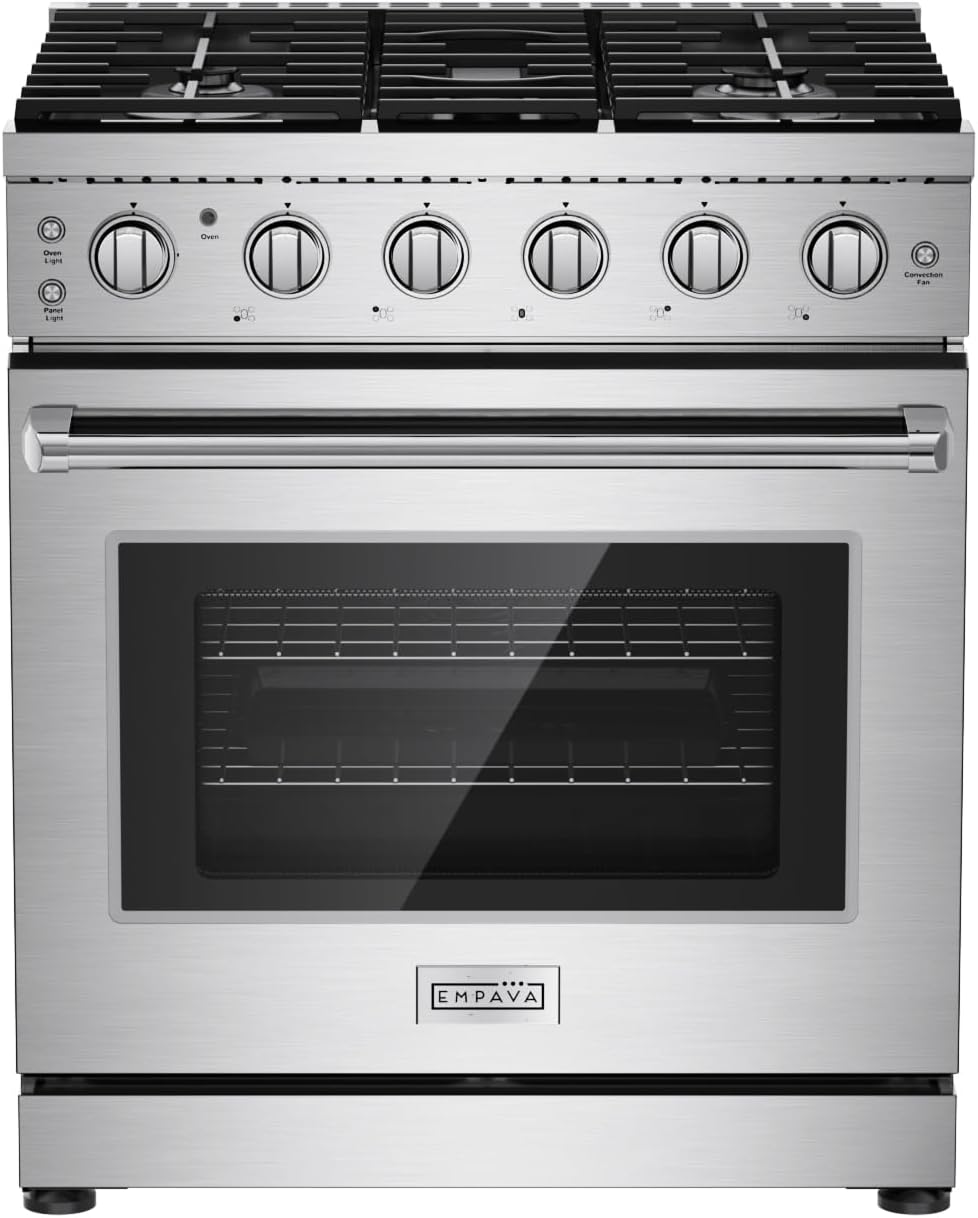 Empava 30 Inch Gas Range with True Convection, 4.55 Cu. Ft Oven, 18,000 BTU Power Burner for Searing, 5 Sealed Burners Cooktop, Convertible NG/LP, Stainless Steel, CSA Certified