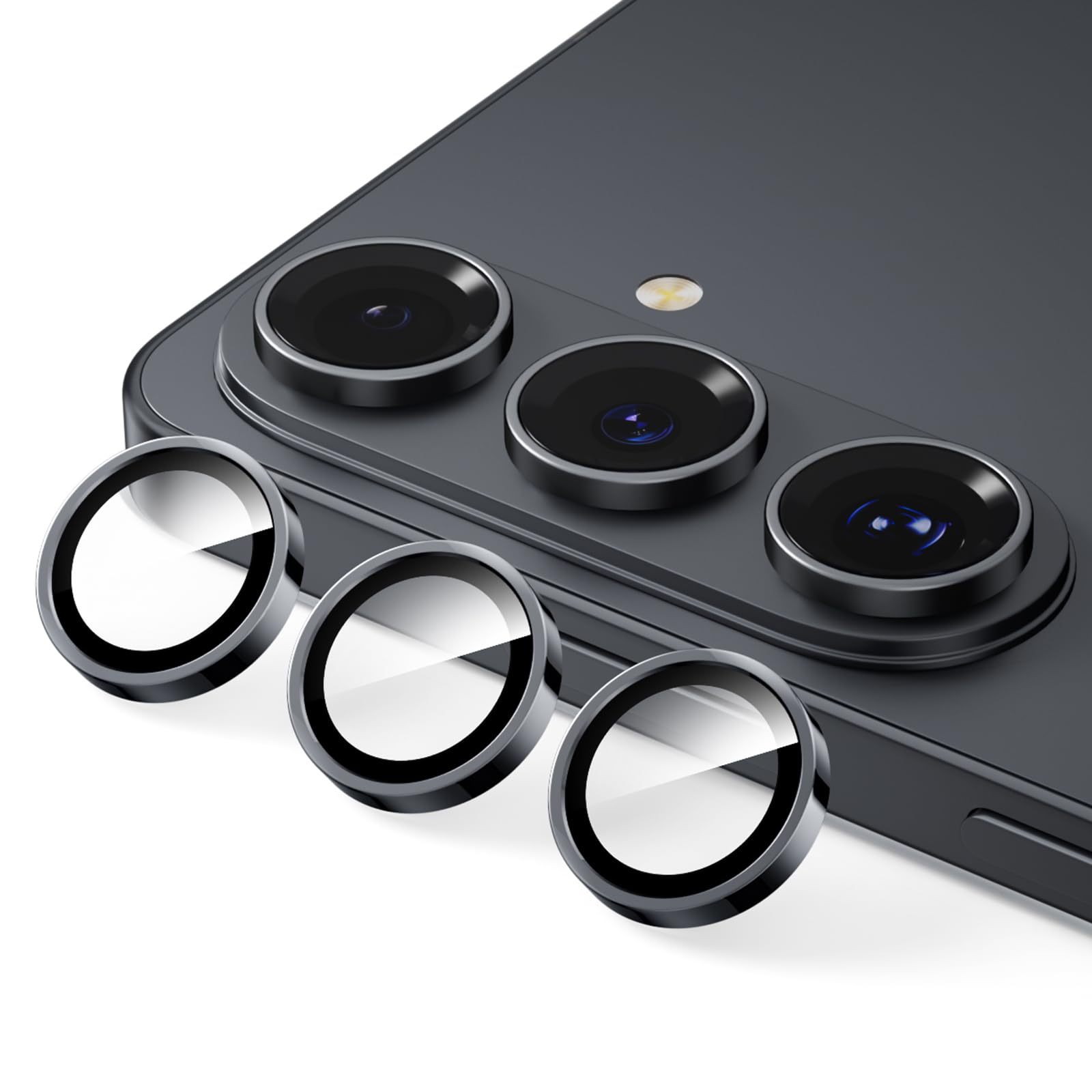 Podick レンズカバー Galaxy S26/S26Plus用 カメラフィルム 9H強化ガラス アルミ合金 高透過率 ギャラクシーS26/S26プラス カメラ保護 キズ防止 耐衝撃 黒縁取り 露出オーバー防止 飛散防止 指紋防止 気泡ゼロ 極薄 独立型 カメラカバー プロテクター (ブラック)