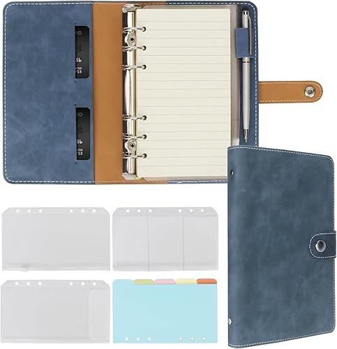 Vista 23 de FYY - Cuaderno de 6 anillos de piel sintética con bolsillos, divisores y papel de recarga, agenda de tamaño A5, color azul marmolado