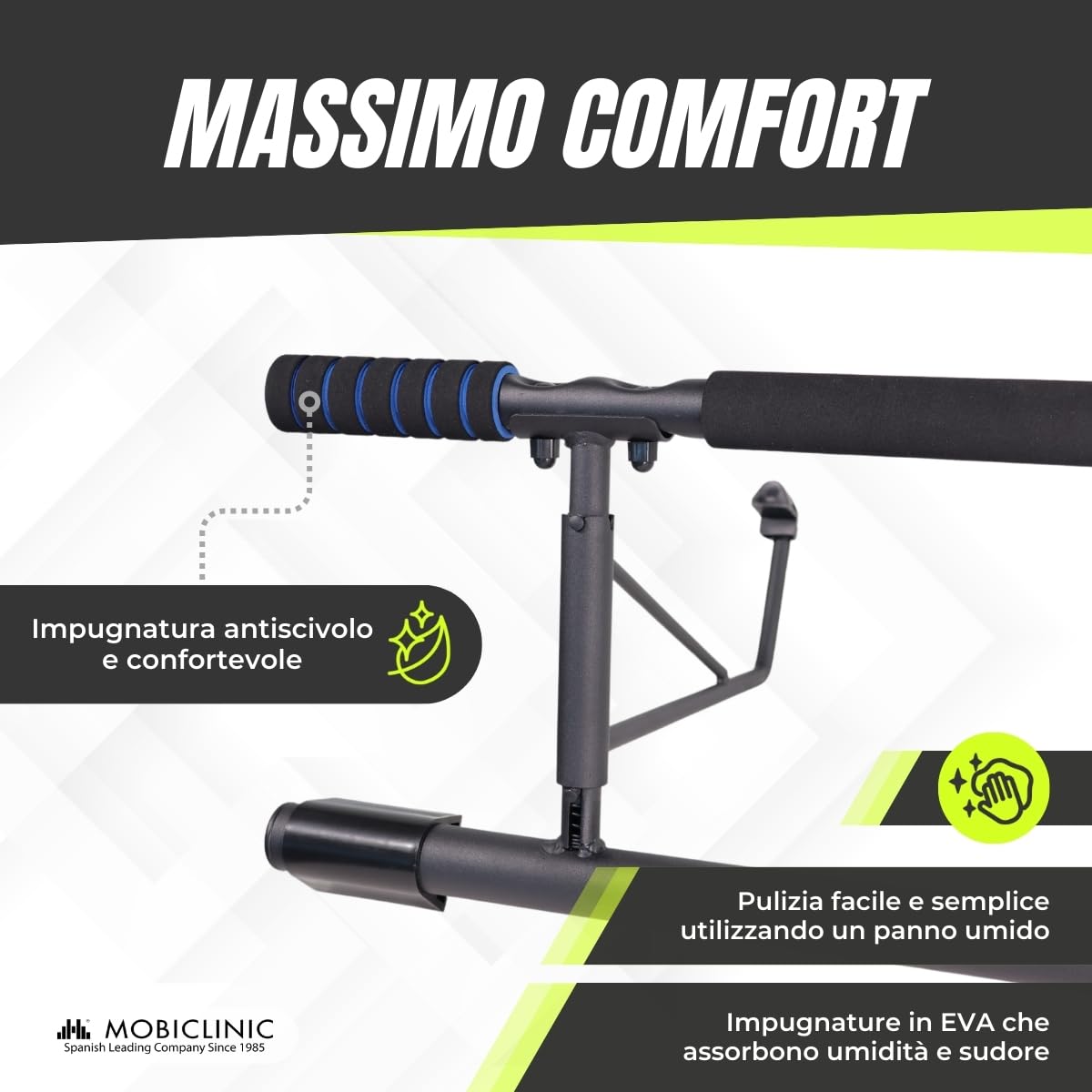 Mobiclinic®, Barra per trazioni sospese, Senza attrezzi, K5, Max. 200 kg, Con maniglie elastiche e antiscivolo in schiuma, Regolabile da 70 a 92 cm, Esercizio domestico, Facile riporre