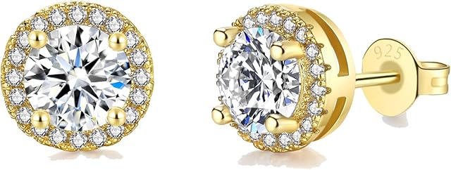 wynn's Silver Gold Stud Earrings for Women, 925 Sterling Silver Stud Earrings, Cubic Zirconia Stud Earrings, Hypoallergenic 10mm Sleeper Studs for Women Girls, Jewellery Gift for Birthday Christmas