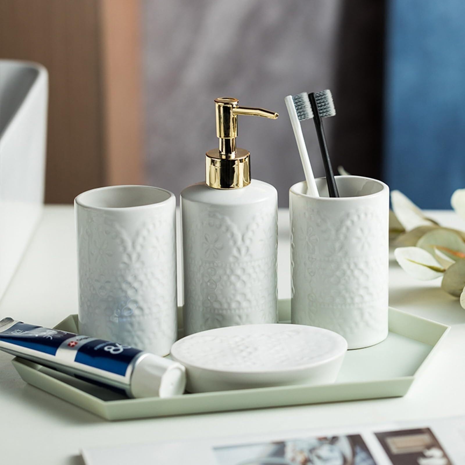 Set di accessori per il bagno Set di dispenser sapone e bicchiere for spazzolino da denti in ceramica appoggio for liquidi o lozioni costiere Arredamento per gli affittuari(Beige)