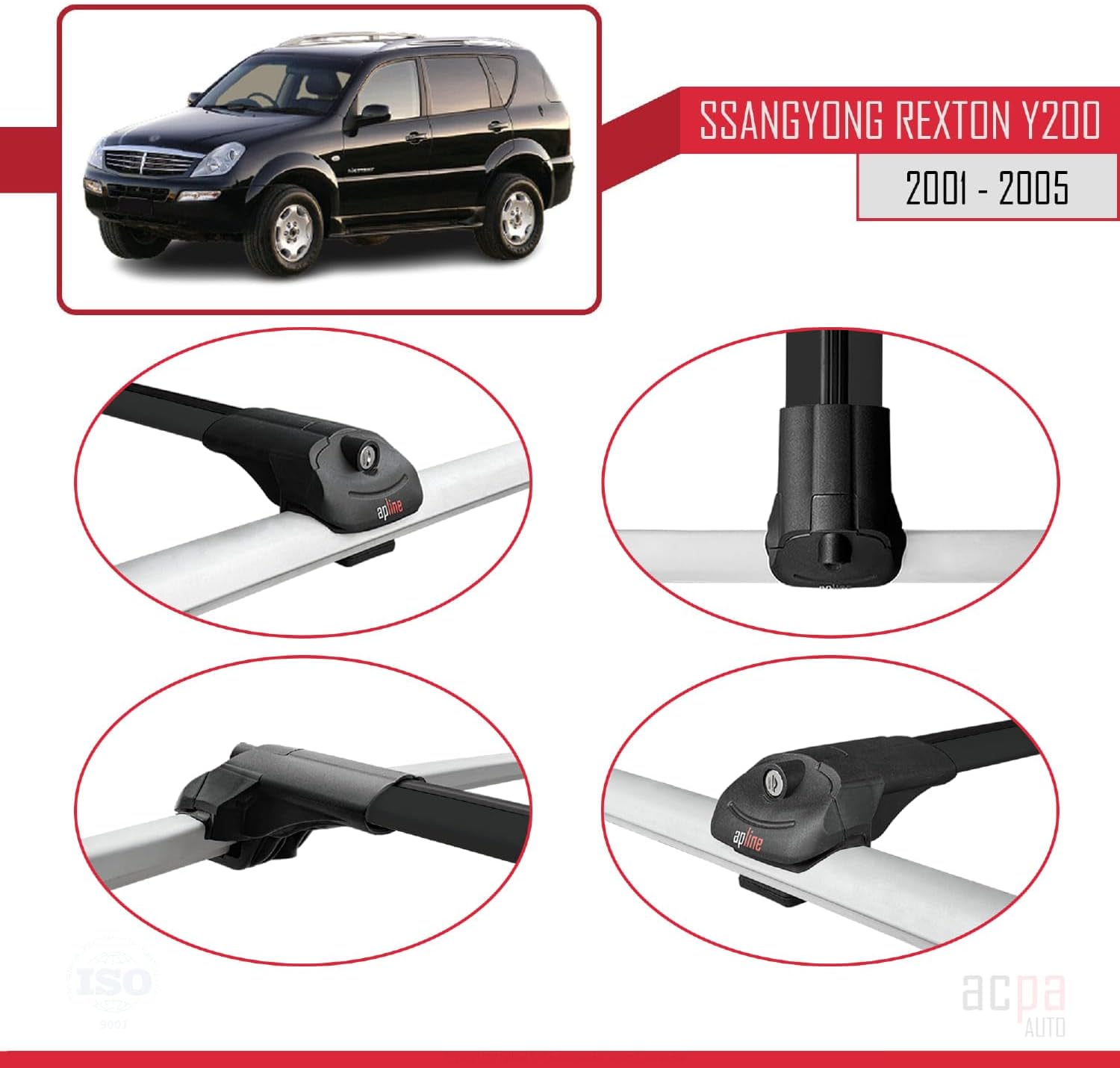 Compatible with SsangYong Rexton Y200 2001-2005 Roof Rack ACE-1 Roof Rack Pack Rack Black