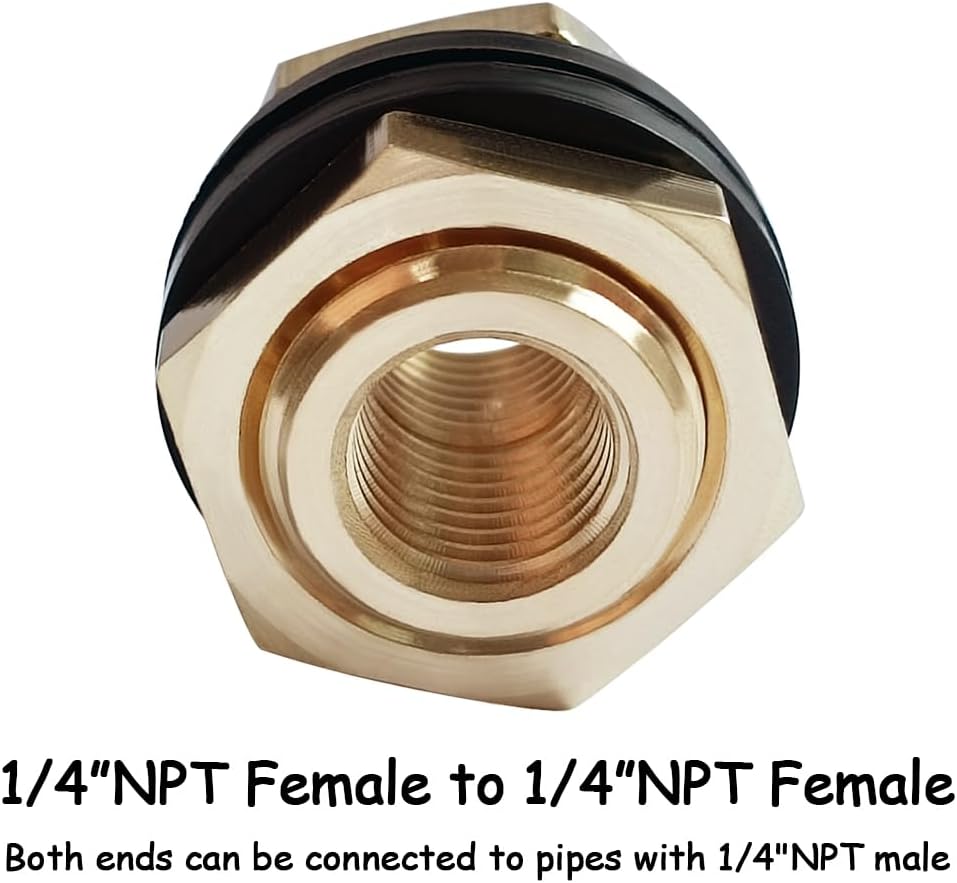 Uenede 2PCS 1/4” NPT Female Thread Brass Bulkhead Coupler 3/4" Outer Diameter Water Tank Connector Thru-bulk Coupling Pipe Fitting