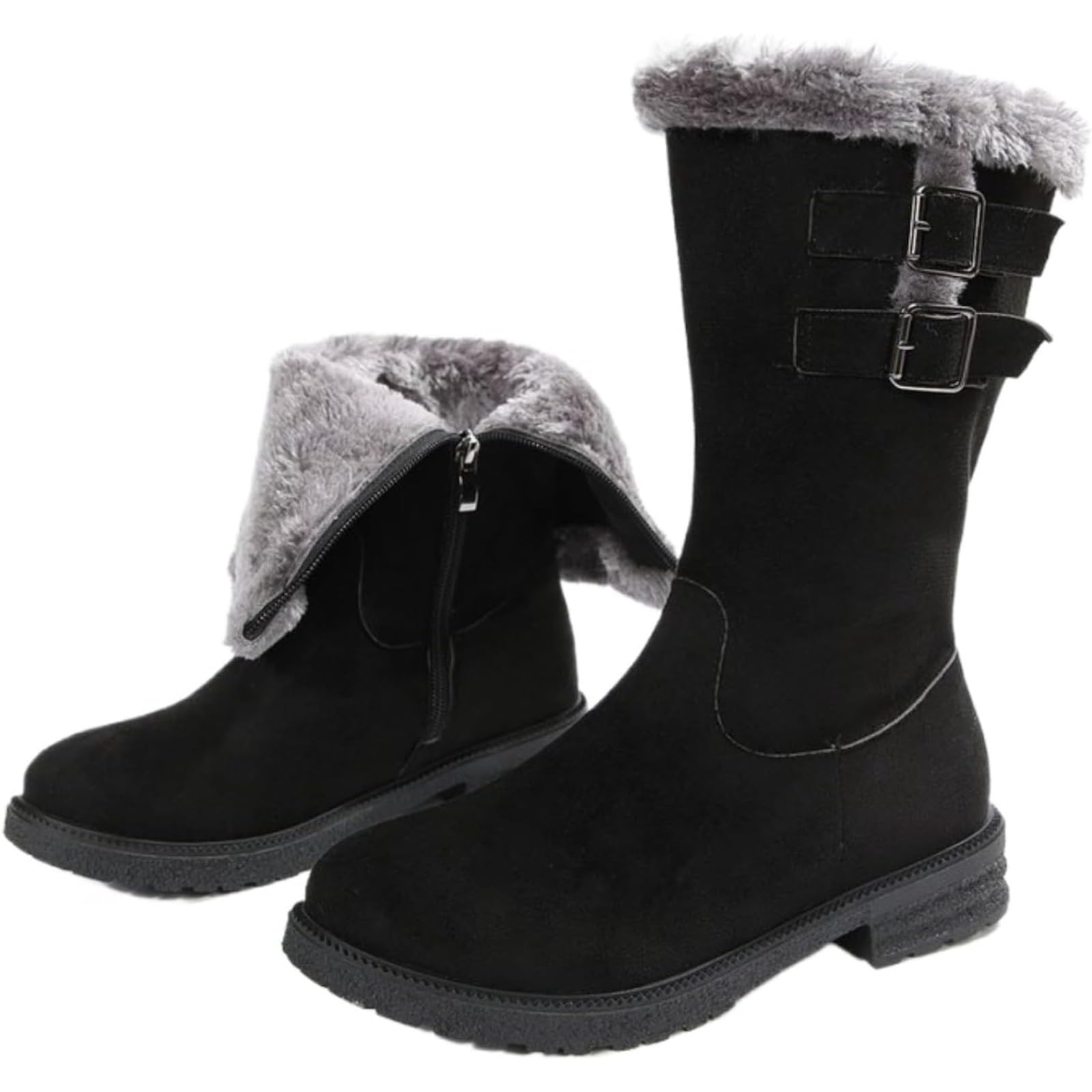 Womens Cozy Fluffy Slip-on Mid-calf Boots Winter Thermal Plush Snow Boots Fur Lined Side Zipper Warm Mid Calf