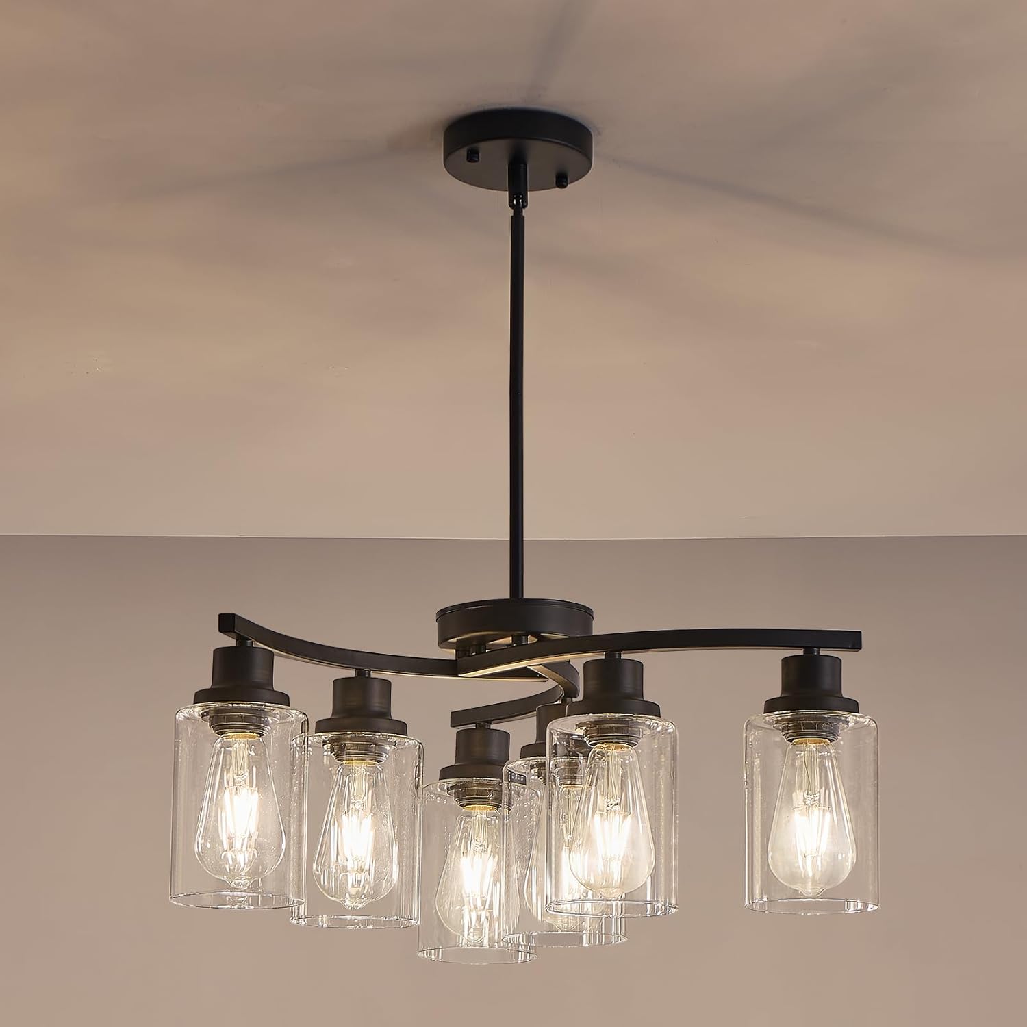 6-Light Modern Farmhouse Black Chandeliers for Dining Room,21.7" Kitchen Black Chandeliers Over Table,Adjustable Height Hanging Whirlwind Pendant Lights,Clear Glass Shade Ceiling Light Fixture Black 6-Light