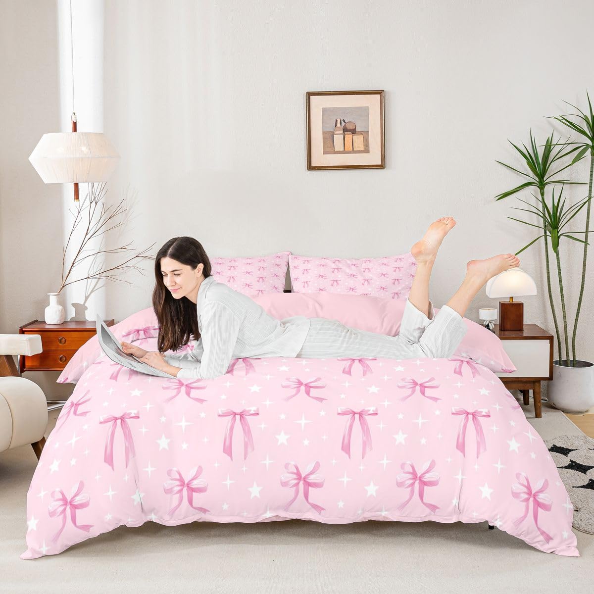 Homewish Set di biancheria da letto per letto super king size con fiocco rosa con fiocco e fiocco con stelle glitterate