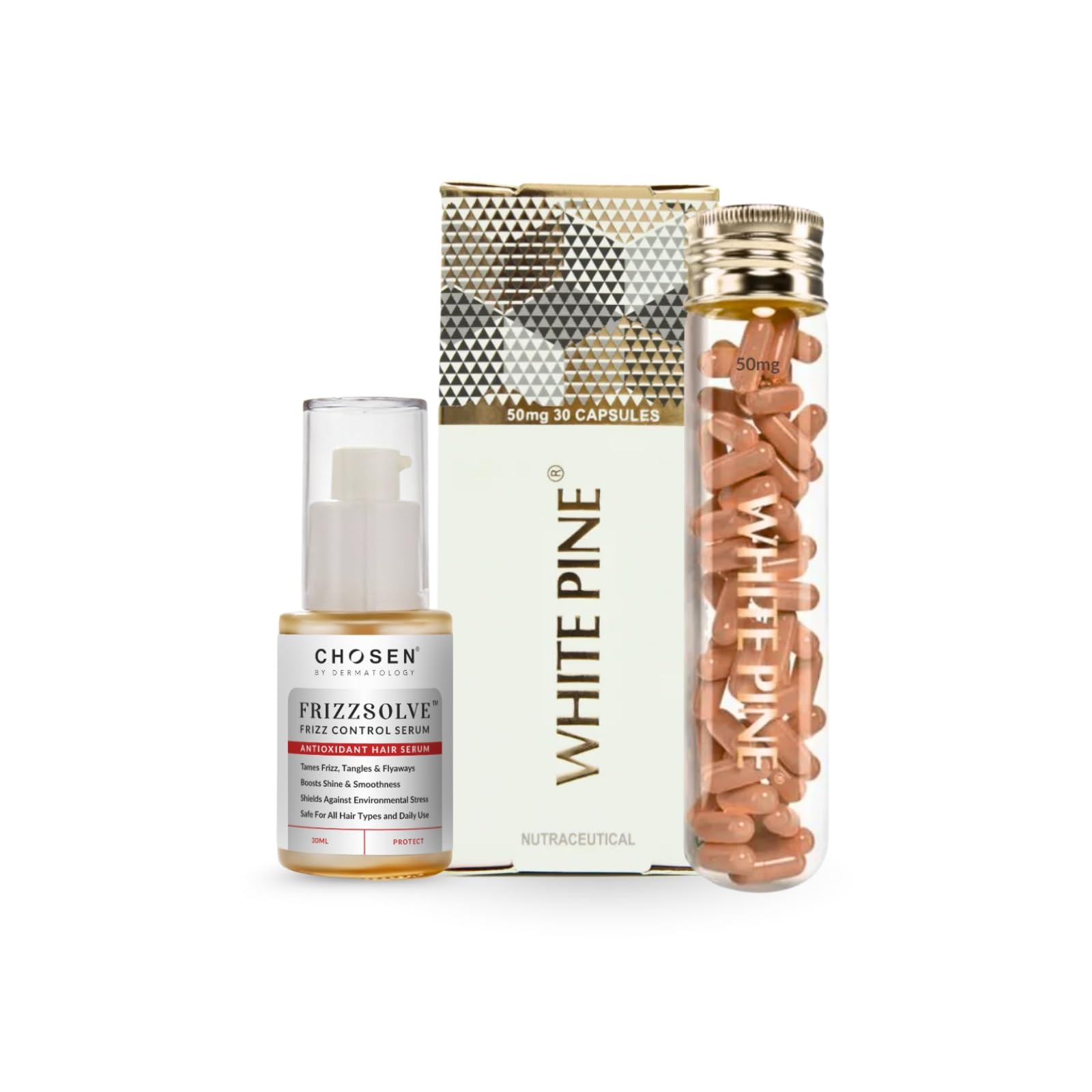 CHOSEN® Hair and Skin Bundle | White Pine Pycnogenol® Supplement and Frizzsolve™ Frizz Control Hair Serum for All Hair Types-image-45