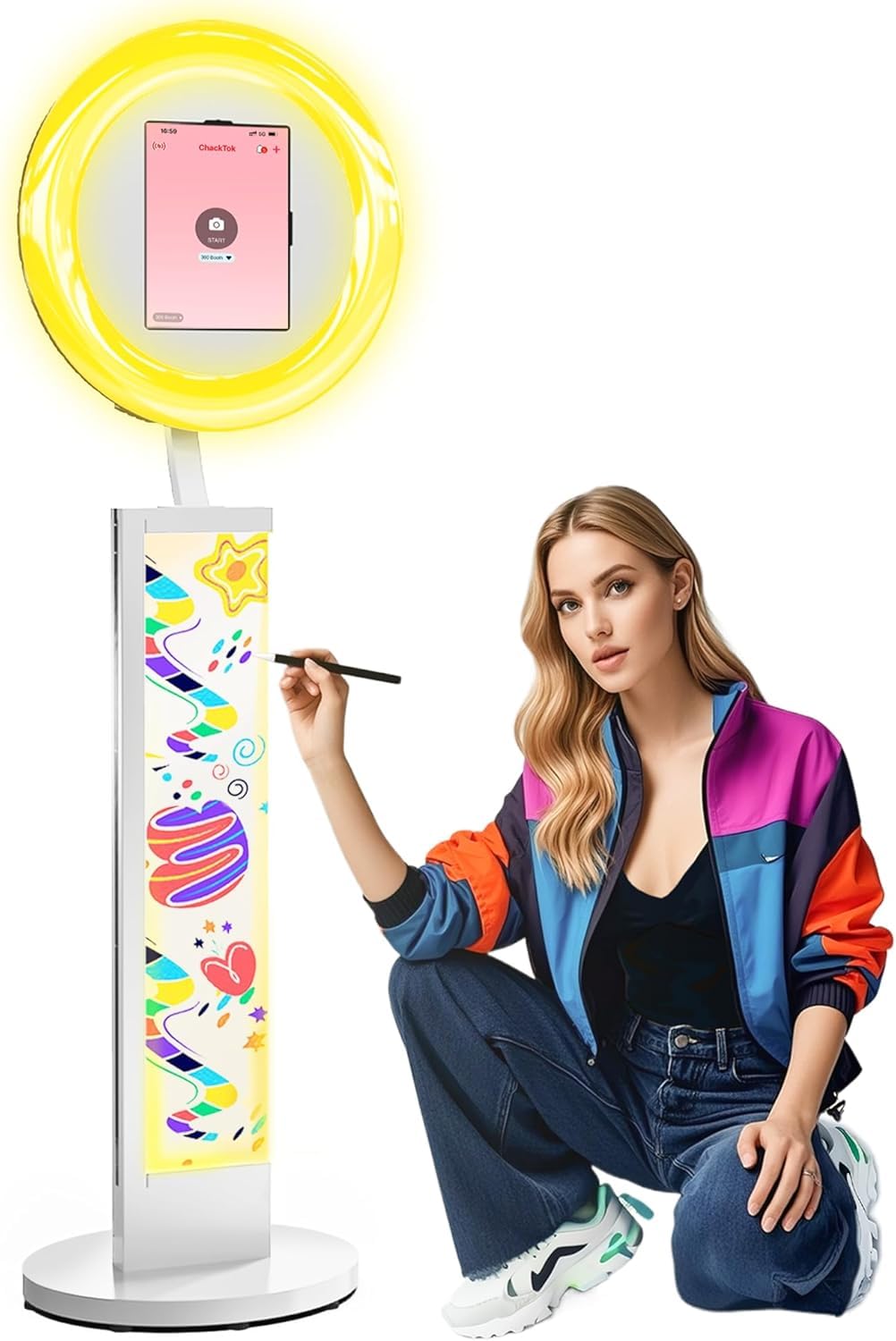 HARZHI Photo Booth per iPad in Acrilico, Cabina DIY Fotografica per Selfie Dipinta a Mano per Feste/Matrimoni/YouTube/Tiktok, Telecomando e controllo software, APP ChackTok VIP e Flight Case, Bianco