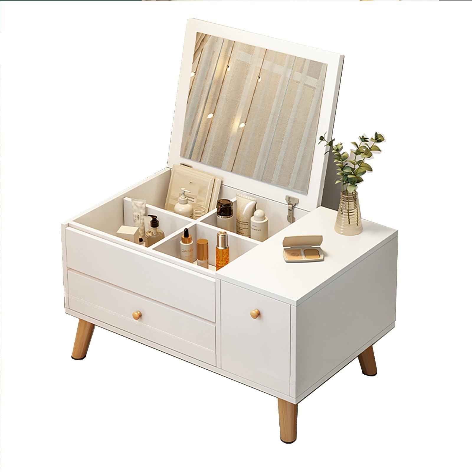 asdchZen Modern Compact Vanity Desk With Foldable Mirror & Storage Drawers Minimalist Makeup Table Space-Saving Design Perfect For Bedrooms & Small Spaces