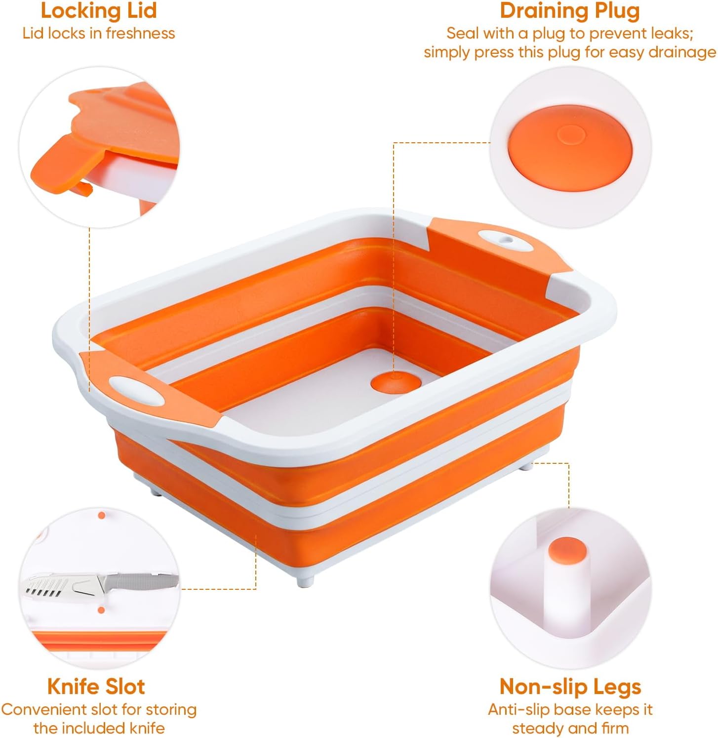 Collapsible BBQ Prep Tub with Lid, Foldable Camping Sink with Colander, Cutting Board, Dish Basin for Kitchen, Bowl, Vegetable and Fruit, Storage Basket for Picnic-Orange