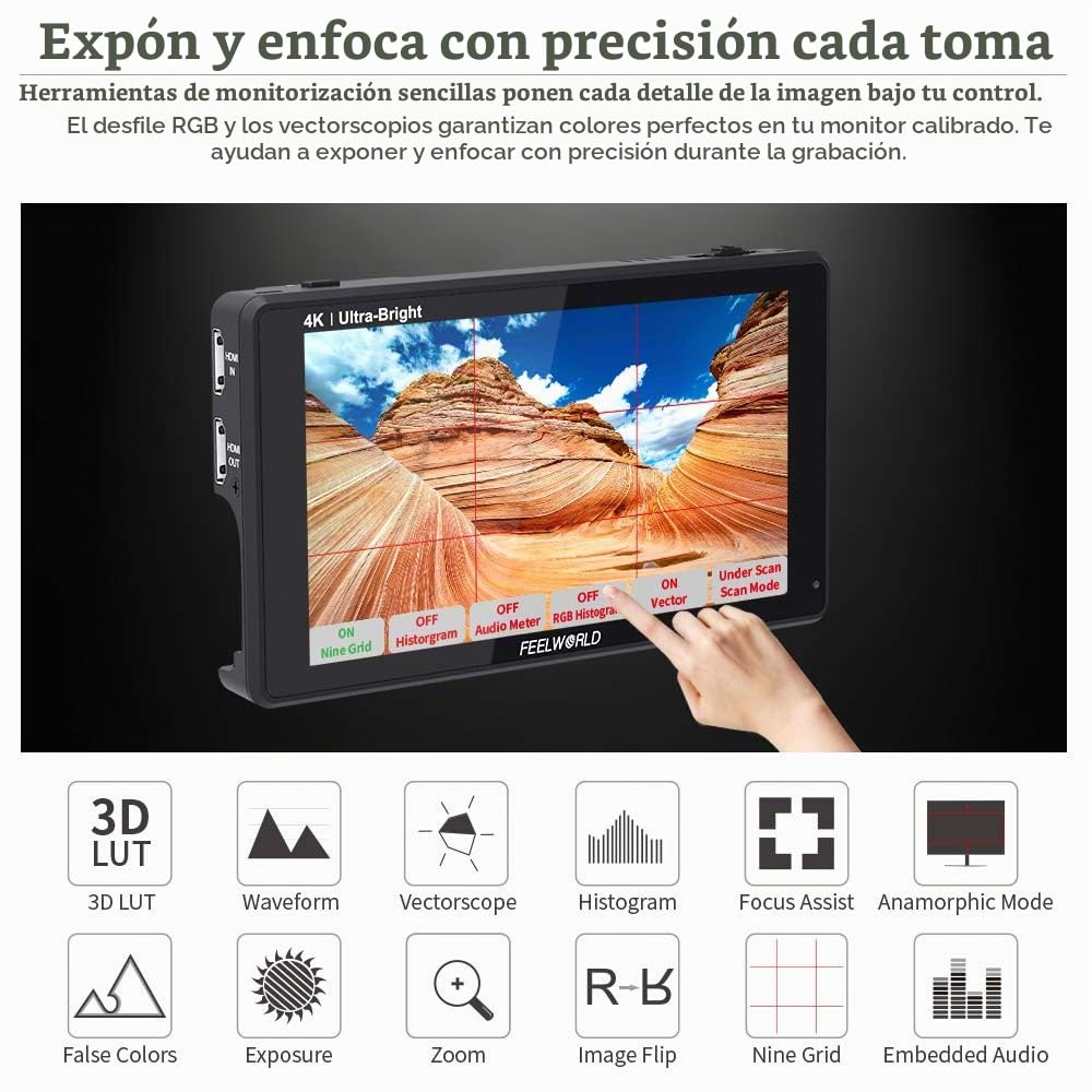 Feelworld LUT6 6 Pulgadas 2600nits HDR / 3D LUT Pantalla táctil Cámara DSLR Monitor de Campo con Forma de Onda Histograma VectorScope Entrada HDMI 4K Salida 1920X1080 Panel IPS con batería F750