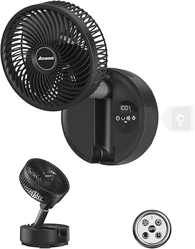 AMACOOL Ventilador de montaje en pared sin perforación de 8 pulgadas con control remoto, 10000 mAh recargable, 9 velocidades silenciosas, oscilación