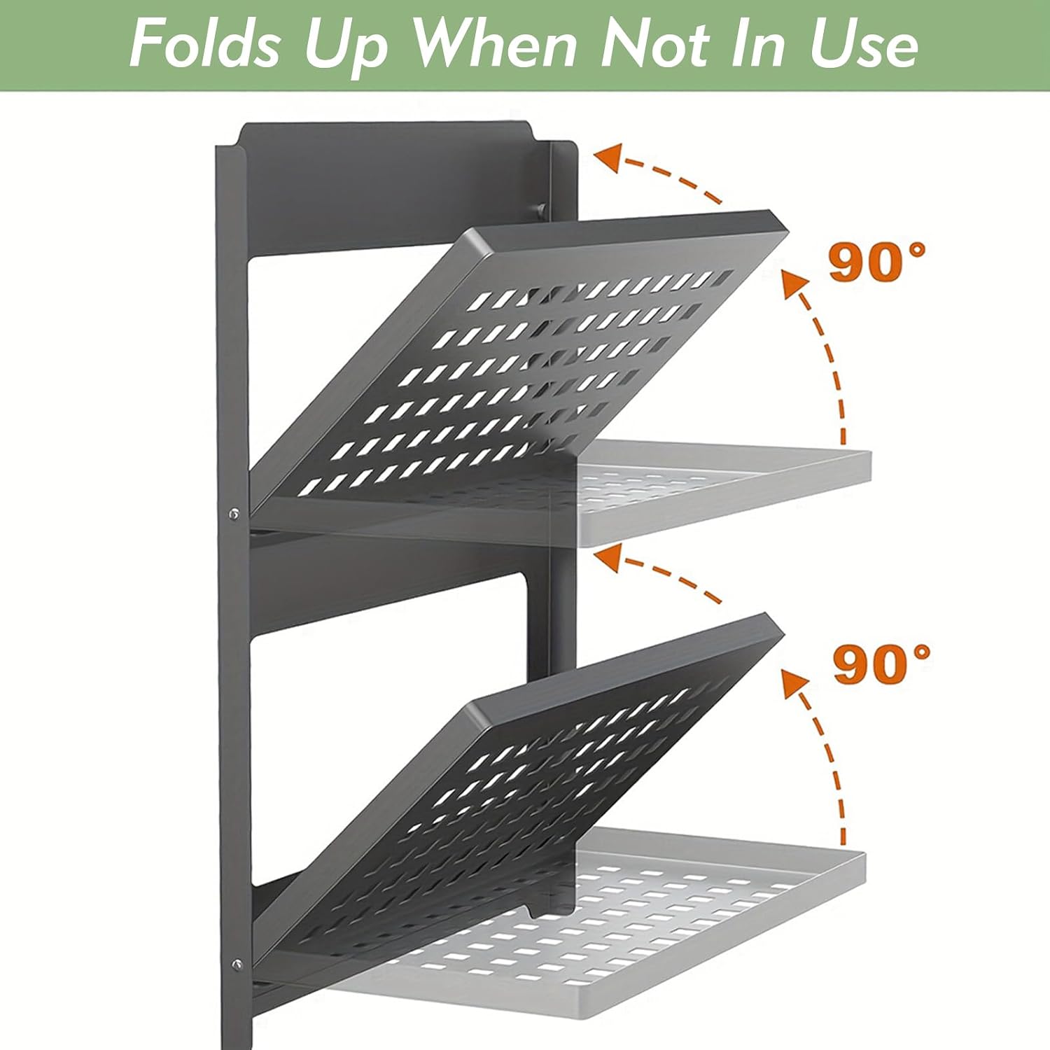 2-Tier Table Storage Rack Wall Mounted, 13.4" x 7.1" x 16.3" Foldable Countertop Shelf Organizer, Metal Storage Rack for Basement Coffee Bar Kitchen Room Office