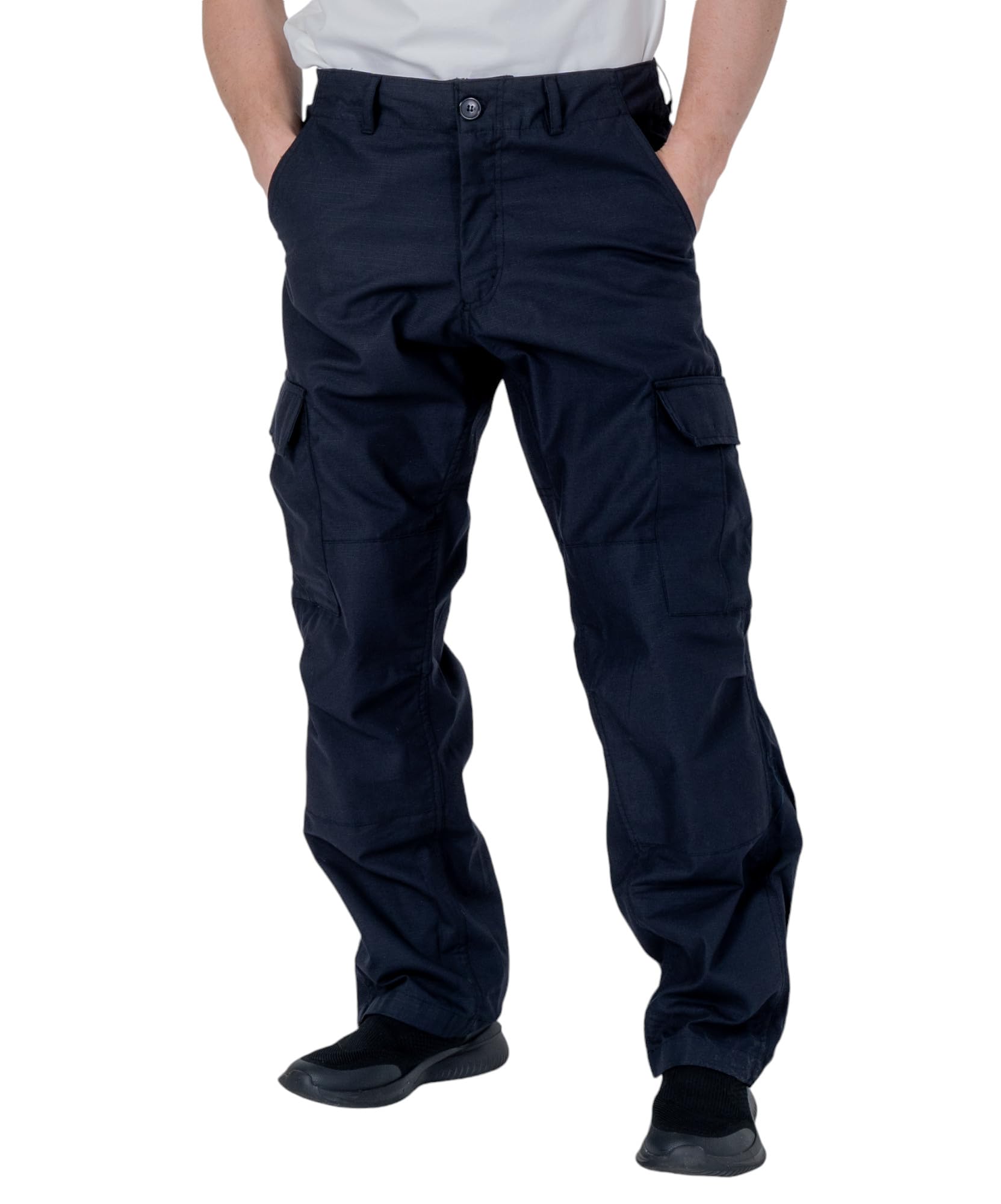 Hi-Fell Men's Navy Blue Ripstop Relaxed Fit Cargo Combat Trousers Hiking Walking Camping Work Outdoor Pants – 30W 32L