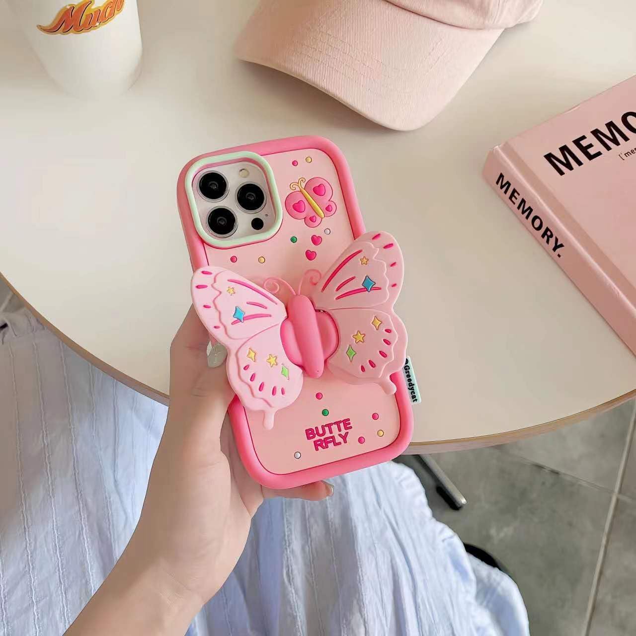 Silicone iPhone 13 Pro Max/12 Pro Max Case with Stand Cute Pink Butterfly Heavy Duty Protective Case Cover for iPhone 12 Pro Max/13 Pro Max Women Girls Girly Cool Funny Kawaii 3D Phone Cases - Image 4
