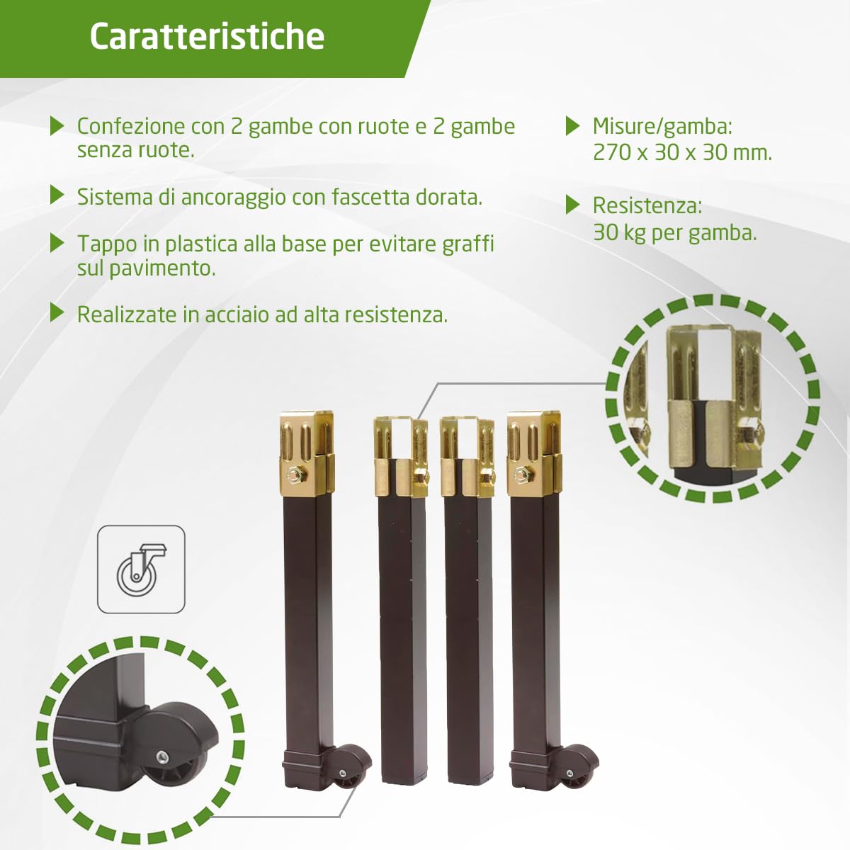 Amig - Set di 4 Gambe per Rete Letto - Quadrate in Acciaio - Colore Nero - Alta Resistenza - Gambe per Letto Fisse - 2 Gambe con Ruote - 270 x 30 x 30 mm