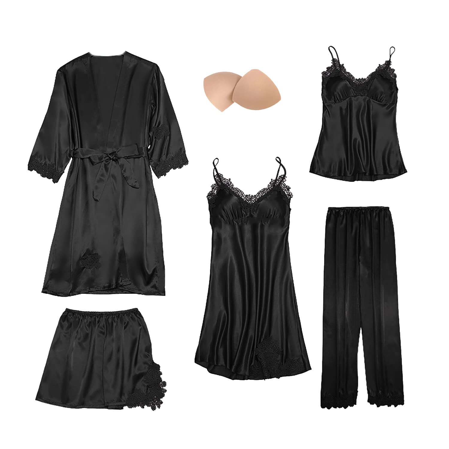 Femme 5 Pièces Satin Pyjama Set, Dentelle Kimono Robe Pyjama Set, Sexy Négligé Short et Pantalon Long Chemise de Nuit 5-pièces, avec Coussinets de Sein