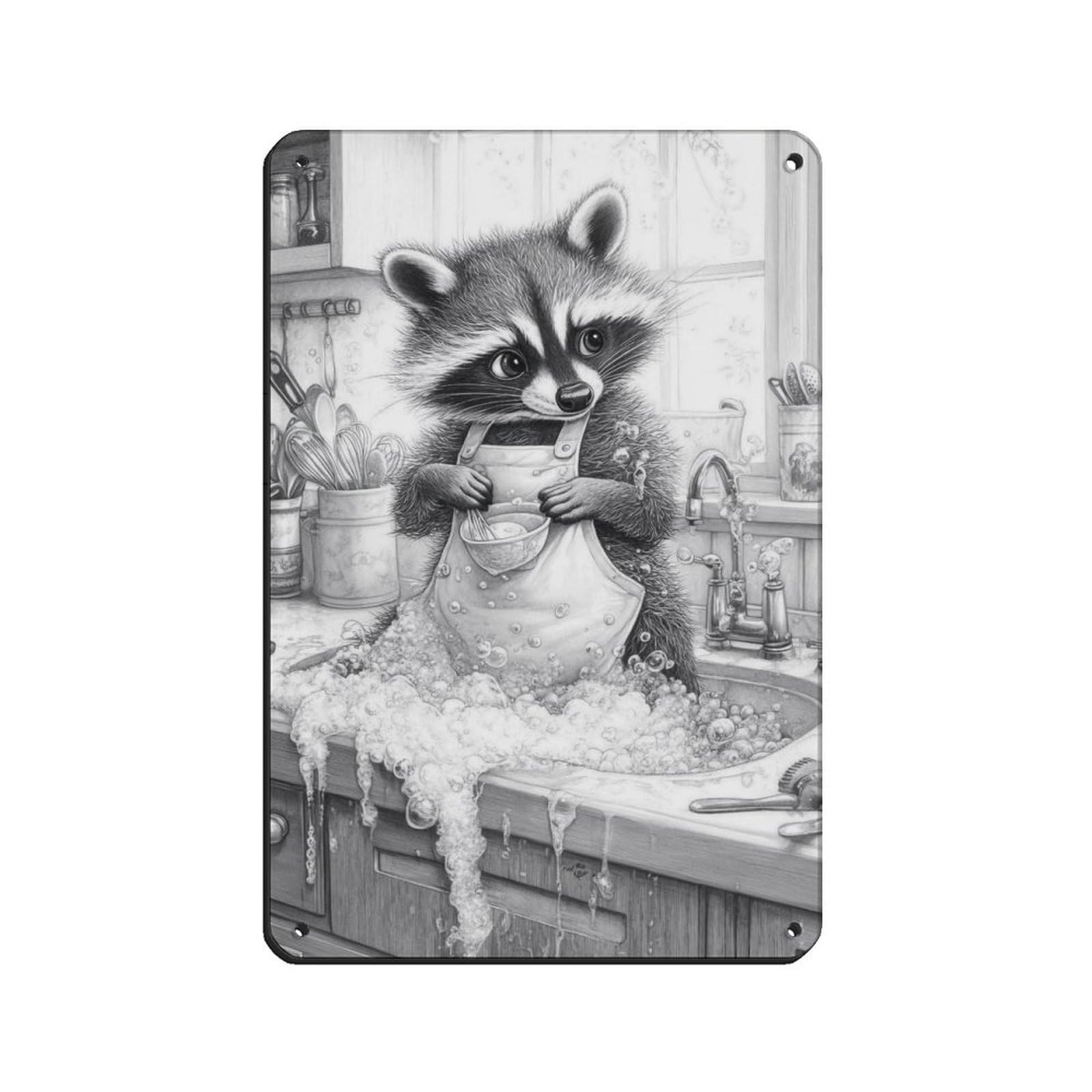 Adorable Raccoon Kitchen Art Retro Poster Metal Tin Sign Chic Art Retro Iron Painting Bar People Cave Cafe Family Garage Poster Wall Decoration 8x12inch(20x30cm)