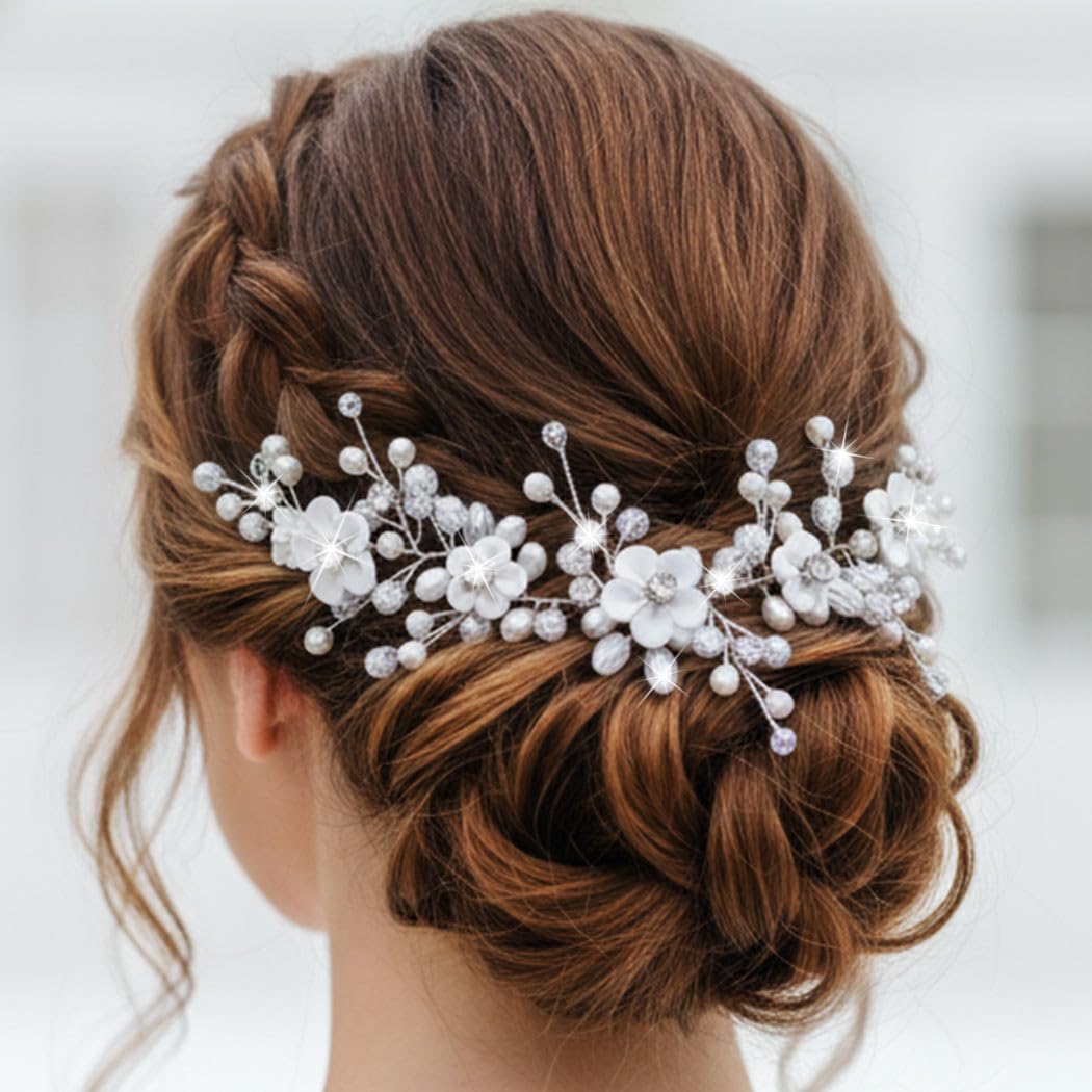 Flower Bride Wedding Hair Vine Silver Pearl Headband Hair Piece Crystal Bridal Hair Accessories for Women and Girls (Silver, One Size)
