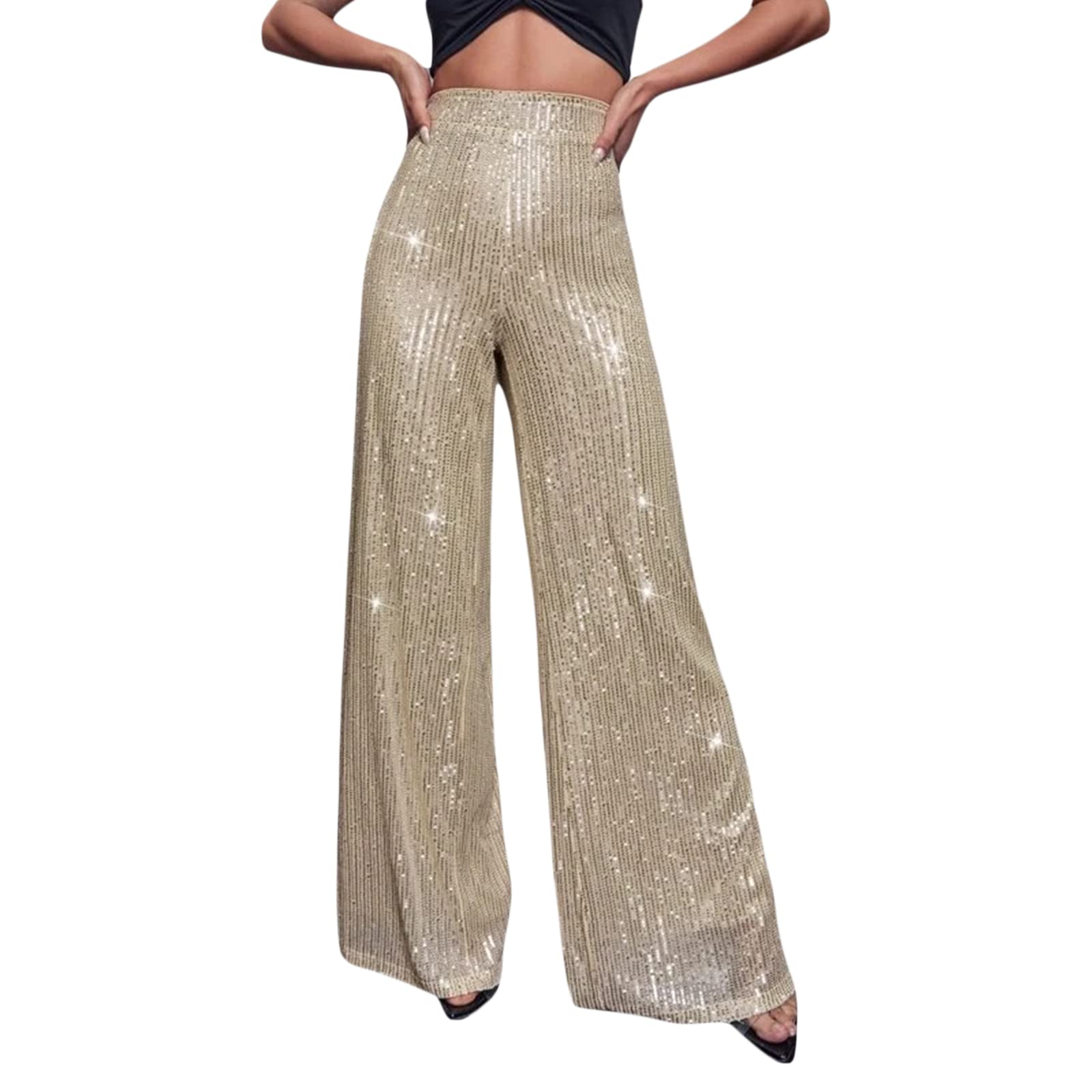 Adoeren Women Sparkly Sequin Wide Leg Palazzo Pants Bling Bell Bottom High Waist Party Glitter Loose Flared Trousers
