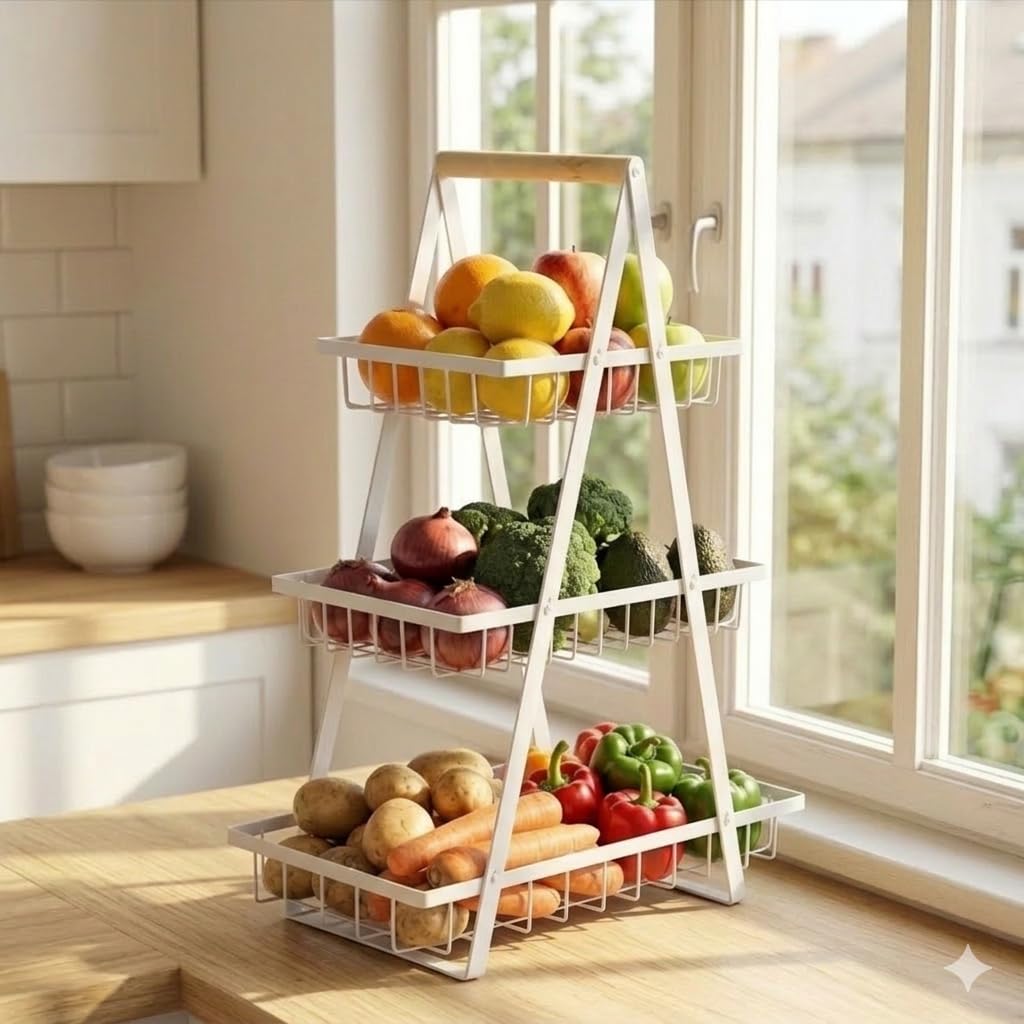 Portafrutta a 3 Ripiani – Contenitore per Frutta e Verdura per Piano di Lavorazione Cucina, Cestino per Frutta e Verdura a 3 Livelli, Contenitore Multipiano per Verdura, Cucina in Metallo