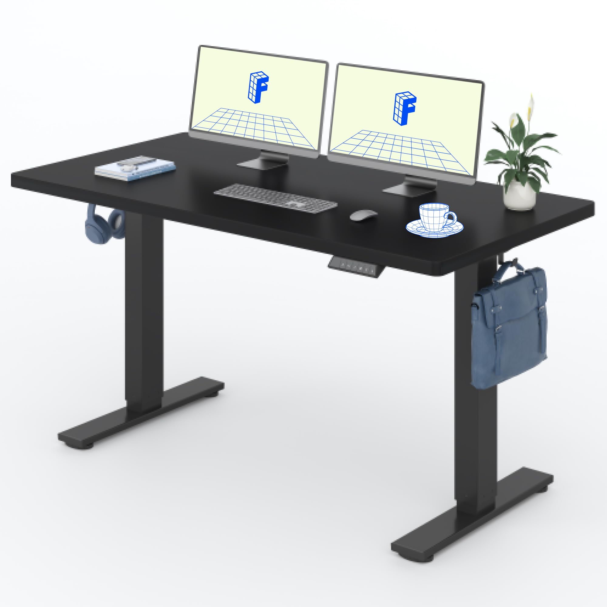 FLEXISPOT E1 Plus 140 * 80cm Electric Height Adjustable Standing Desk ONE PIECE Sit Stand Up Desk with Memory Smart Panel Backpack Hook, Home Office(Black Frame+ Black Desktop)