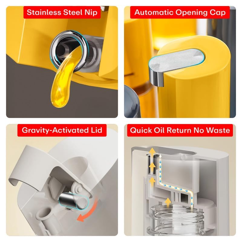 Image of PRIME PICK Smart Pour Glass Oil Dispenser Bottle Auto Flip Cap Stainless Steel No Drip Spout Leak Proof Kitchen Oil Vinegar Soy Sauce Storage Container Yellow 500 ml