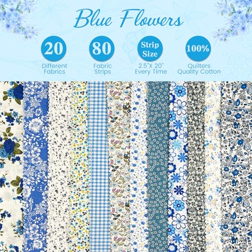 Premium 80-Piece Precut Jelly Roll Fabric Strips – 20 Vibrant Blue Floral Cotton Prints for Quilting, Sewing, and DIY Craft Projects 3 Premium 80-Piece Precut Jelly Roll Fabric Strips – 20 Vibrant Blue Floral Cotton Prints for Quilting, Sewing, and DIY Craft Projects - Image 2
