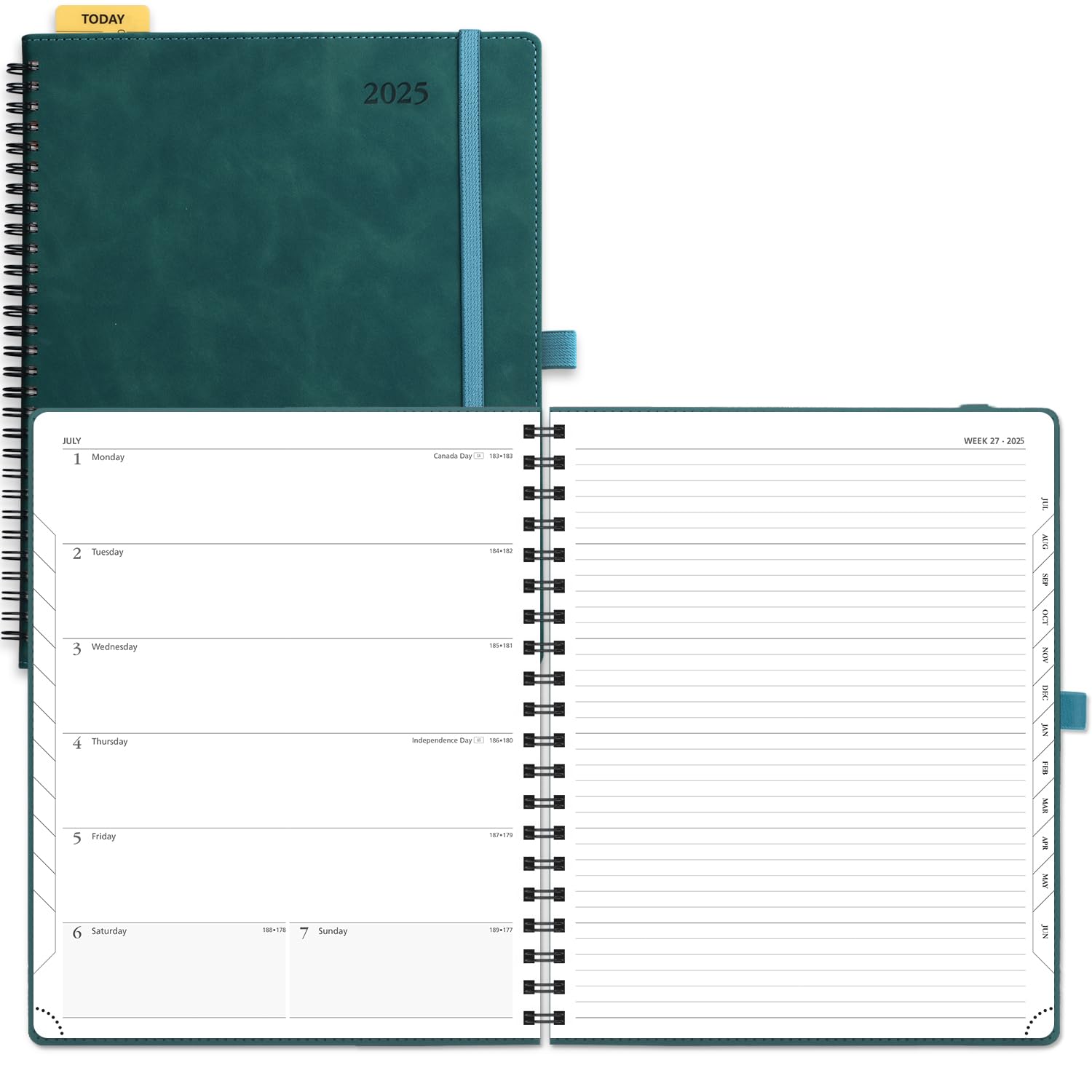 POPRUN Agenda 2025 con vista semanal y espiral grande de piel sintética, cubierta suave, 26,5 x 21,5 cm, agenda semanal y cuaderno en uno, pestaña mensual, verde peotrol