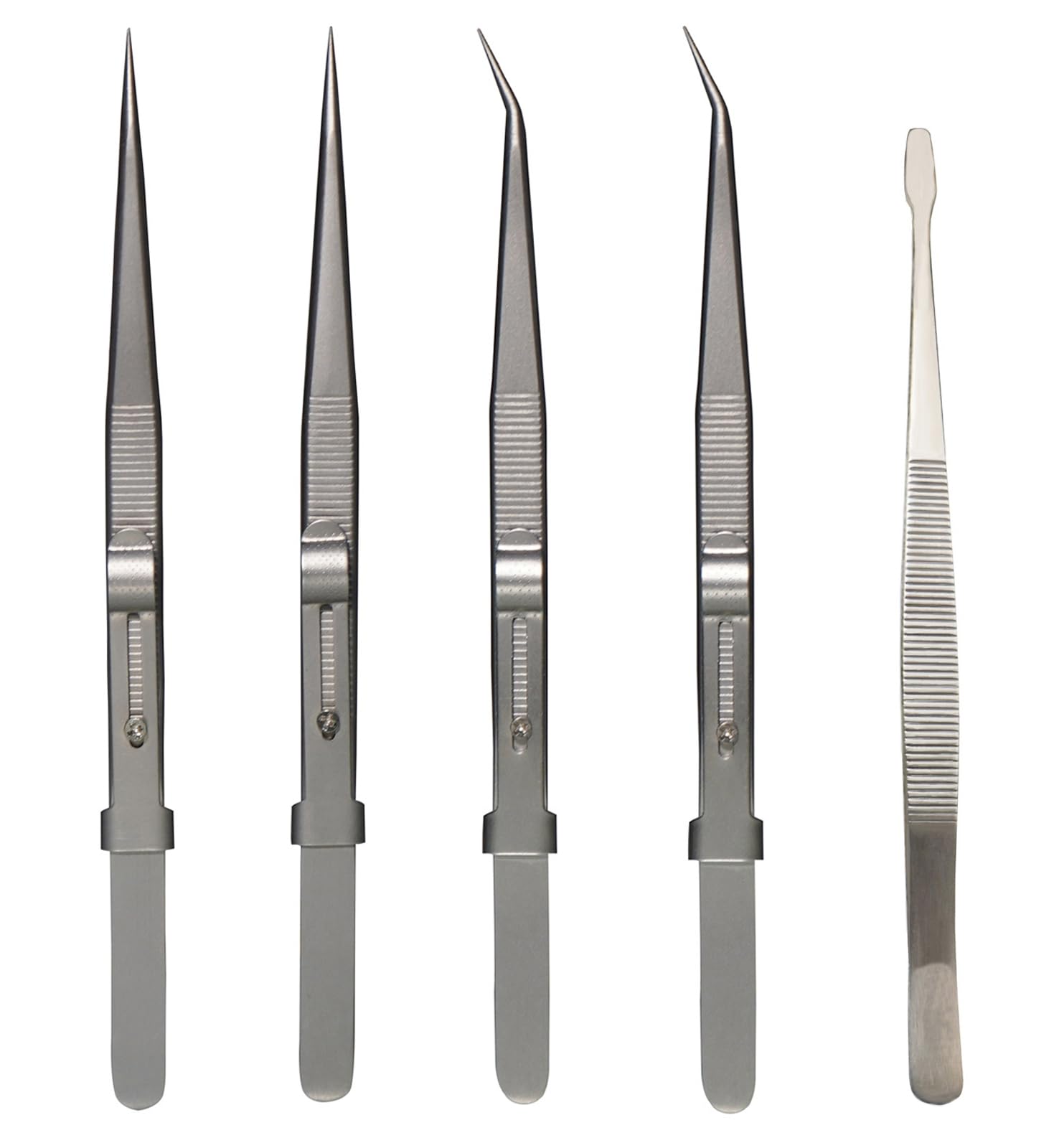 Juego de 5 pinzas de precisión, planas/puntiagudas/curvadas con bloqueo en ángulo para manualidades, cirugía médica, laboratorio, soldadura, joyería, relojes, electrónica/reparación de