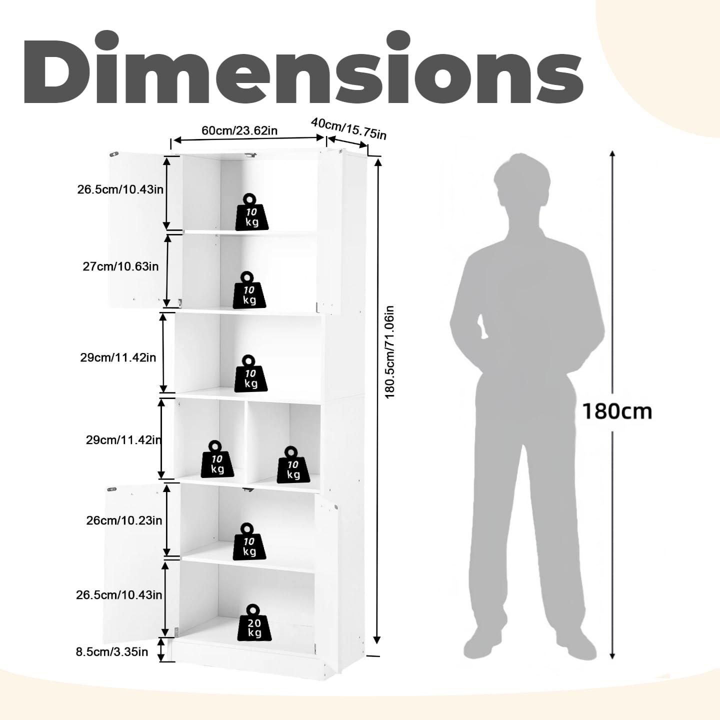 Küchenschrank Hochschrank (60x40x180,5 cm), Mehrzweckschrank mit 4 Türen & & 3 Fächern,verstellbaren Einlegeböden, Vorratsschrank für Küche, Badezimmerschrank & Wohnzimmerschrank, Weiß matt