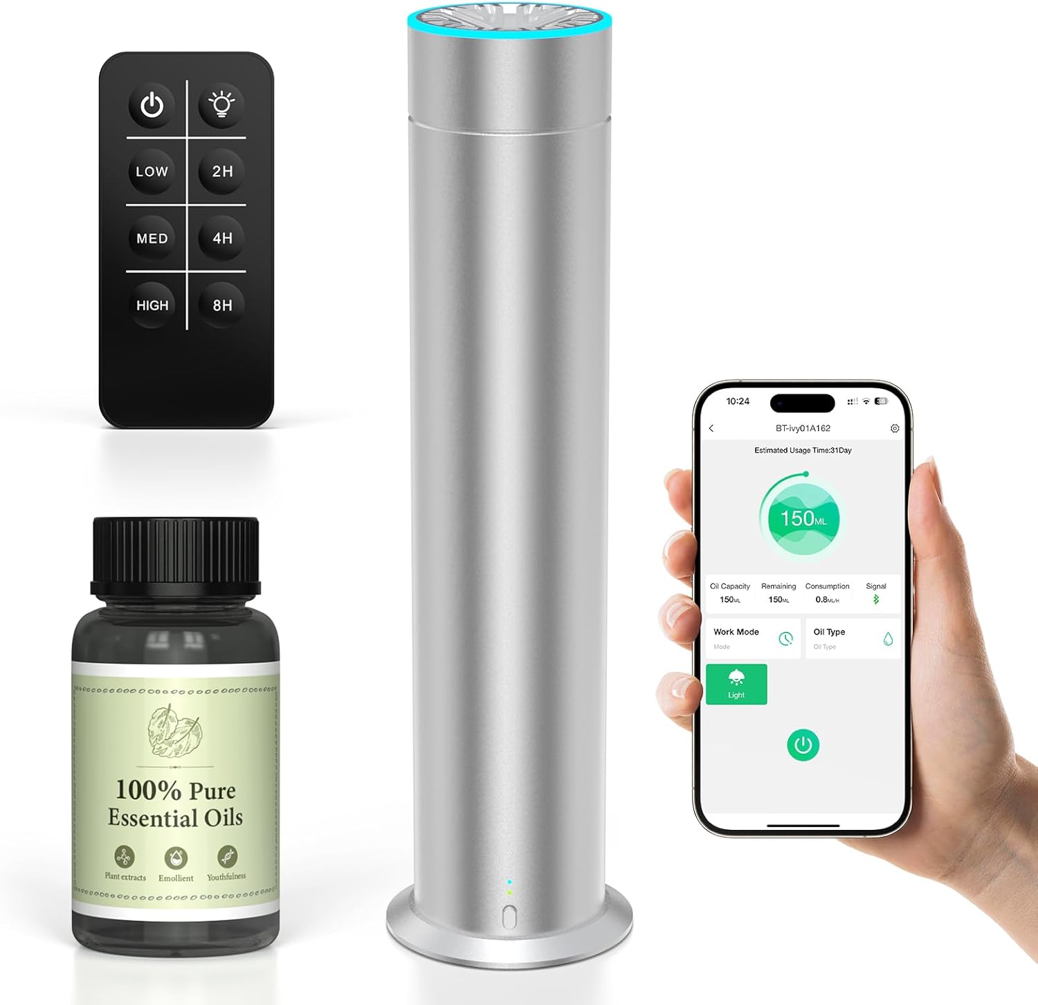 Waterless Scent Diffuser Starter Kit: 1200 Sq Ft Coverage Rechargeable Waterless Diffuser with LED Light & Remote & App - Waterless Essential Oil Diffuser for Home Hotel Silver