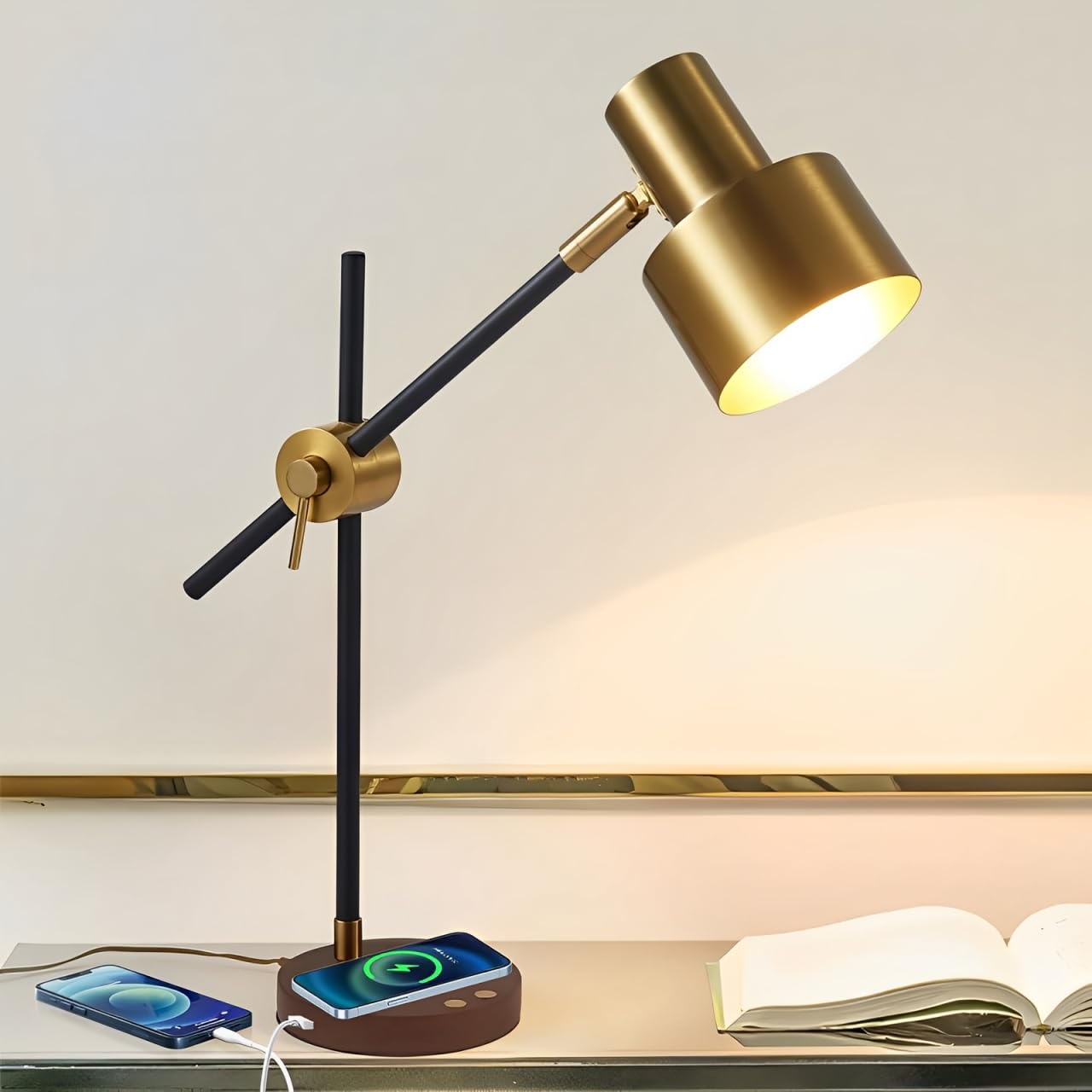 Lampa biurkowa z bezprzewodową ładowarką lampa biurkowa z portem ładowania USB regulowana metalowa lampa stołowa z funkcją pomiaru czasu dotykowa lampa biurowa do czytania w domu zawiera