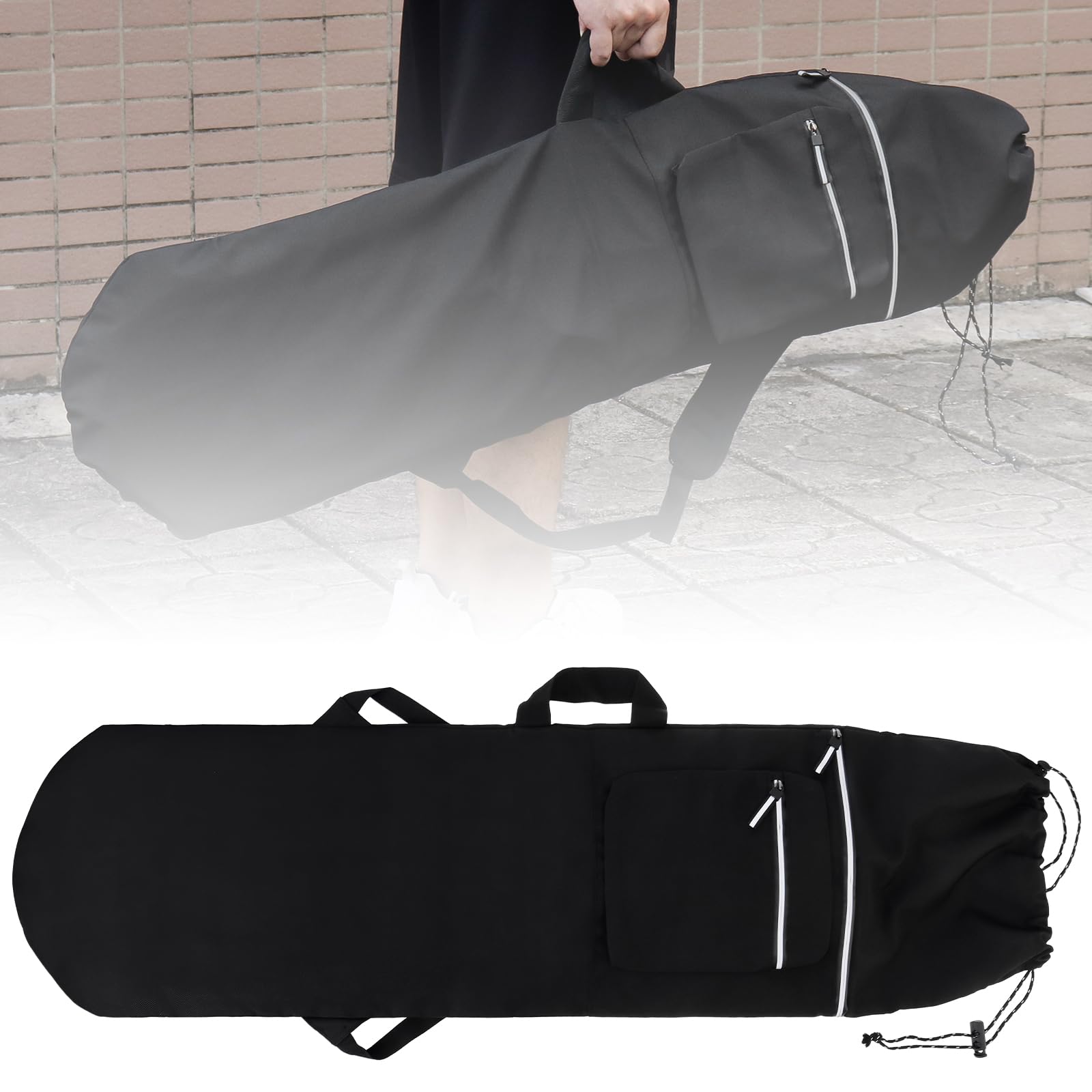 Sac de skateboard surdimensionné avec cordon de serrage réglable, sac à dos de skateboard de 101,6 cm, tissu Oxford avec fermeture éclair lumineuse, bretelles rembourrées réglables et poches