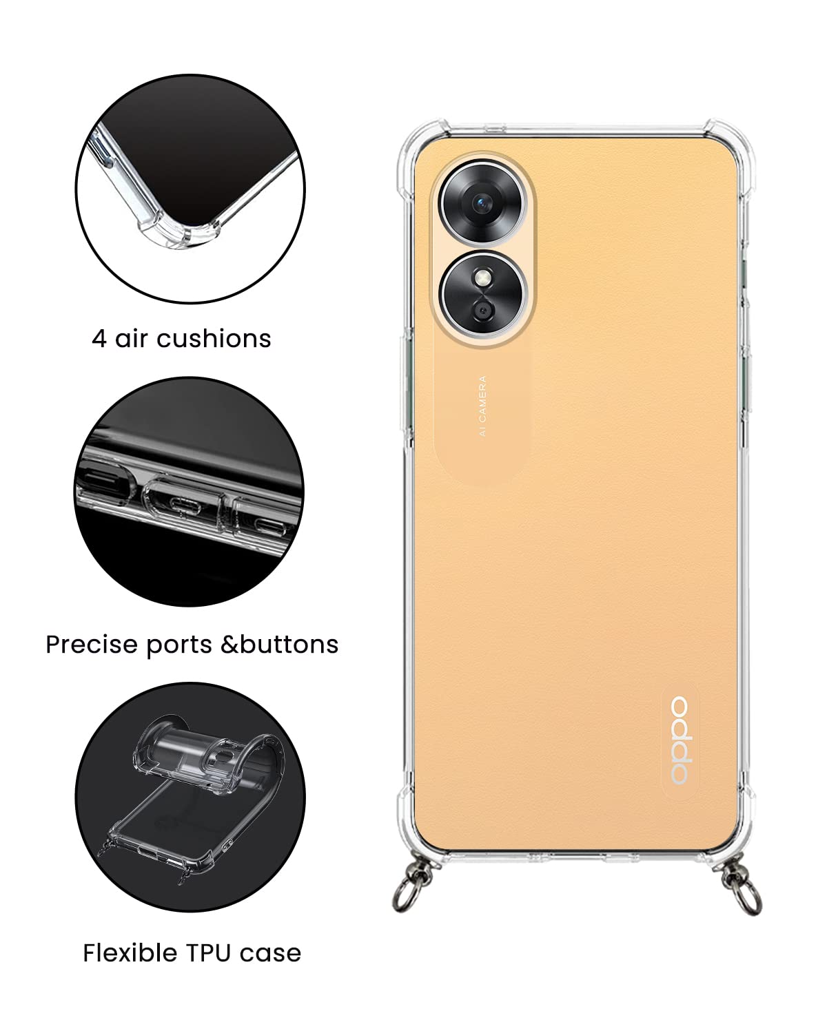 Custodia Con Cordino E Vetro Temperato Per Oppo A17 - TPU Morbido Trasparente Con Catenella Regolabile, Rosa