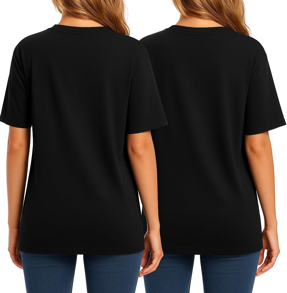 Combed Cotton Summer Tops for Women – Short Sleeve Crewneck T-Shirts, Compact Knit Loose Fit Basic Tees 2 Pack Black White - Image 2