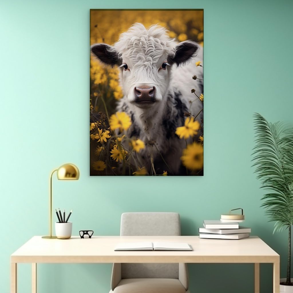 Canvas for Living room. A Cow's Peaceful Gaze Amidst a Field of Golden Blossoms, 27 x 18 inch Canvas Wall Art - Expansive Panoramas - Modern Home Decor - 69x46 cm (27x18 inch)