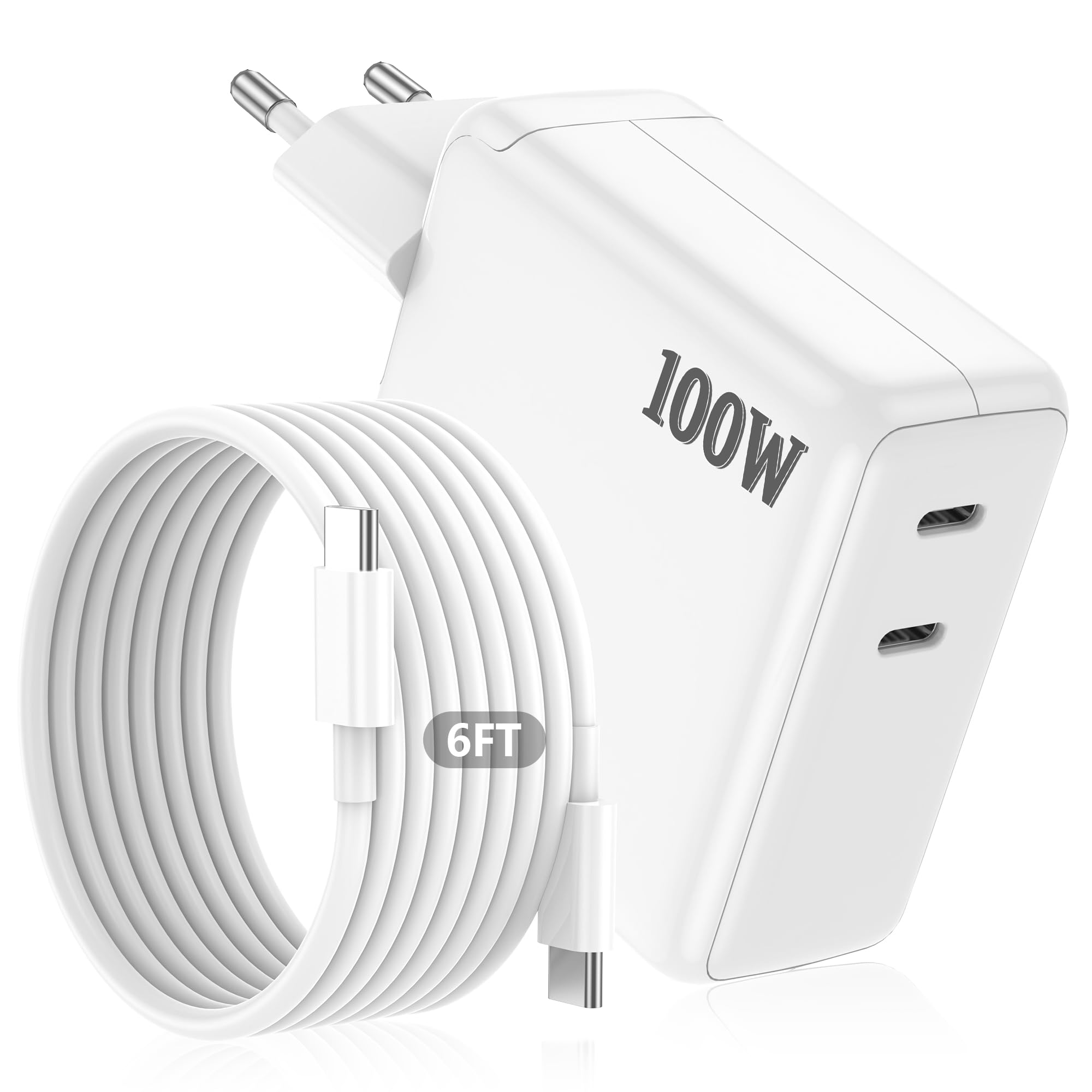 100W USB-C Ladegerät für MacBook, Dual-Port PD Schnellladegerät mit 1,8 m Kabel, kompatibel mit MacBook Air 2024/2023/2022, MacBook Pro 13/14/15/16 Zoll, iPhone 17/16/15 Pro Max, iPad, S25/24, Android
