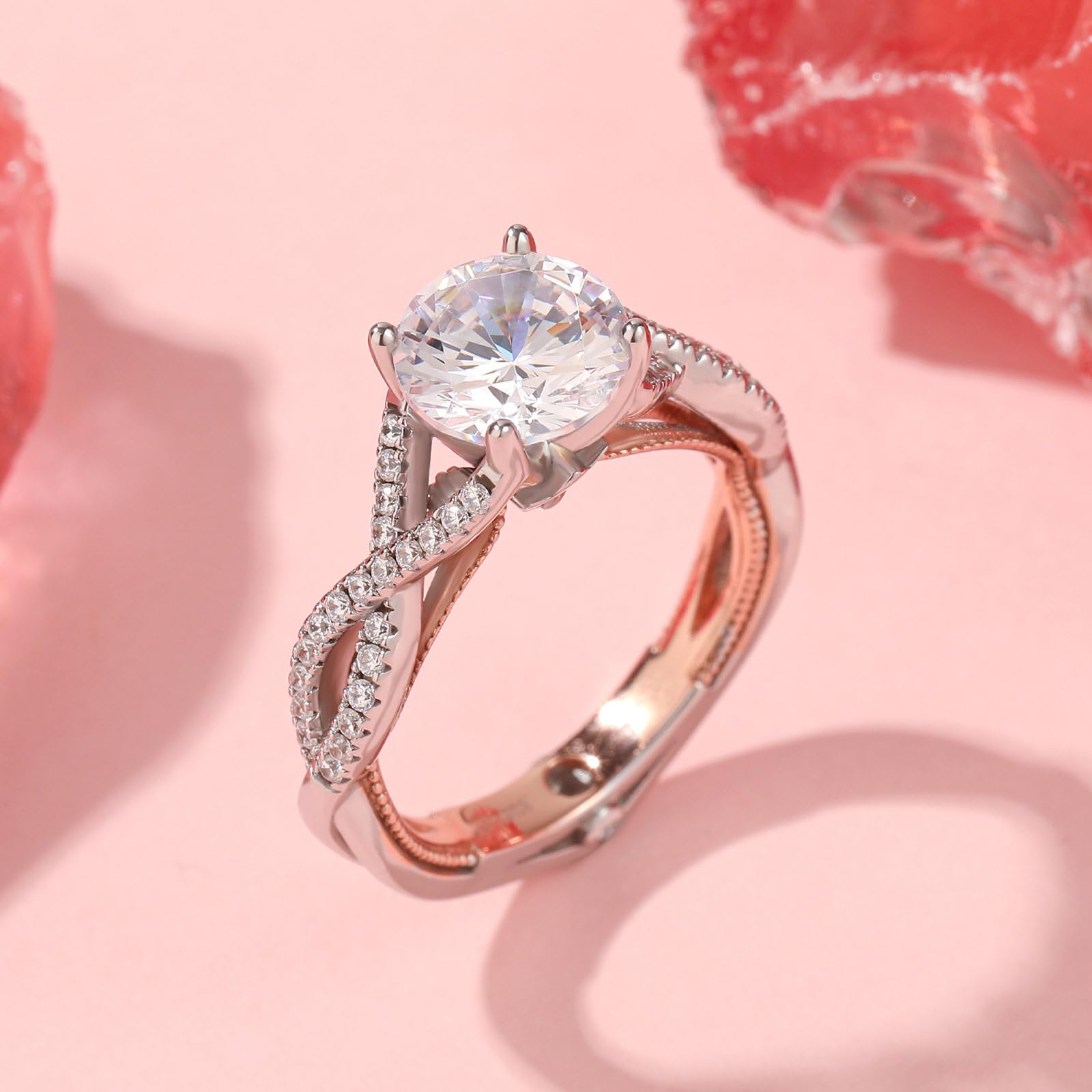 Jeulia Anillos de dos tonos de plata esterlina para mujer: Anillo de filas de torsión de eternidad de corte redondo Anillo de compromiso de promesa Anillo de compromiso de joyería de circonio cúbico