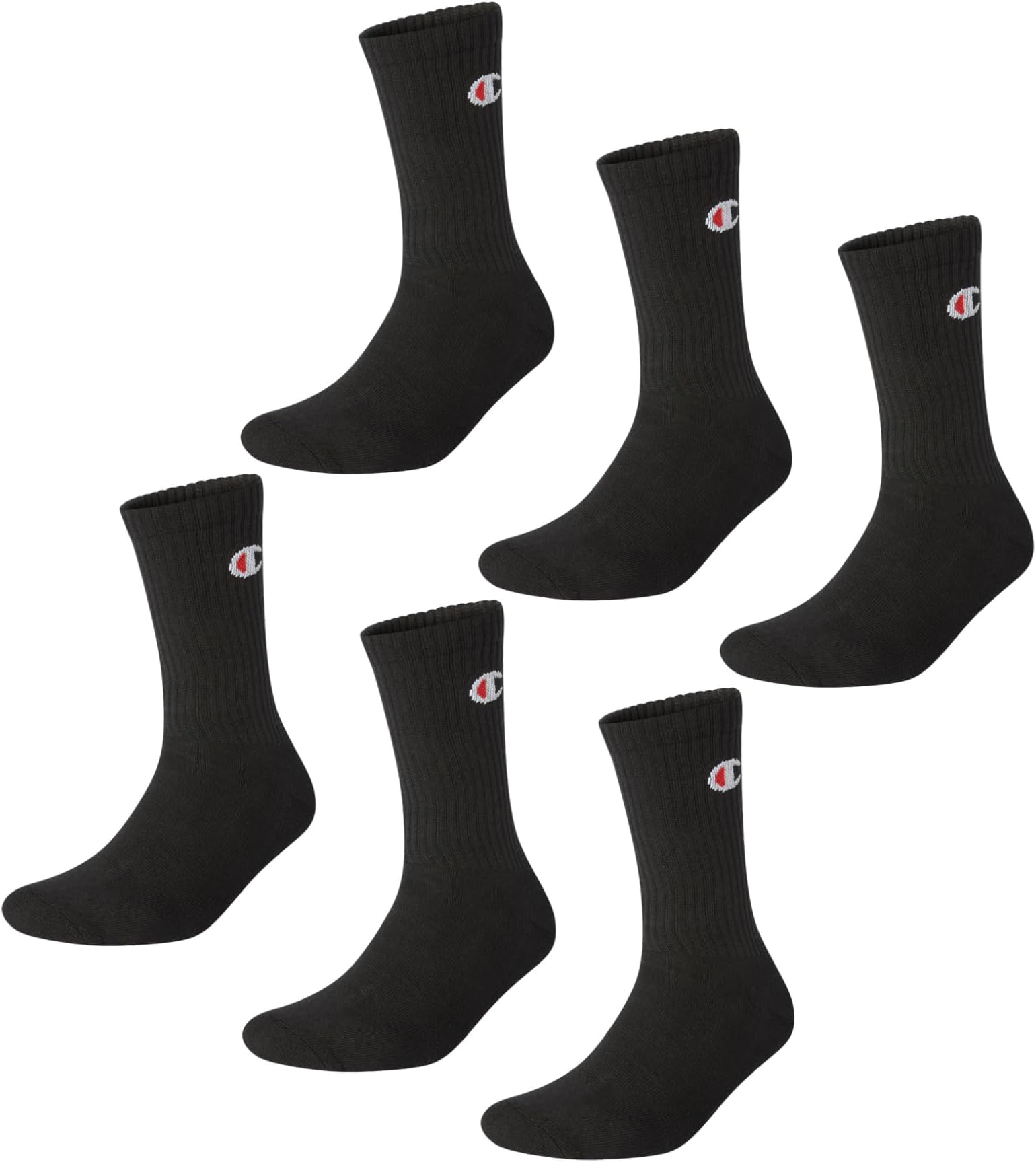 Champion Logo Socks 6 Pairs, crew ankle cotton set of socks, mid calf length, unisex, ribbed