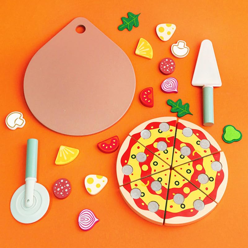 TOYARTSY Kids Pretend Play Simulation Wooden Sticky Pizza Kitchen Food Play Set – Cutting & Role-Playing Toy for Toddlers | Interactive Play Food for Imaginative Kitchen Fun 2