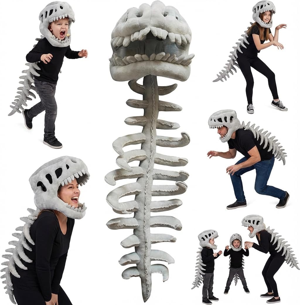 KUNYOS Realistic 3D Dinosaur Skeleton Attire Set Multiple Colour Options Spinosaurus Dinosaur Plush Skeleton Headpiece and Spine Outfit for Halloween Cosplay Attire Dress Parties (Grey, S(29.5in))