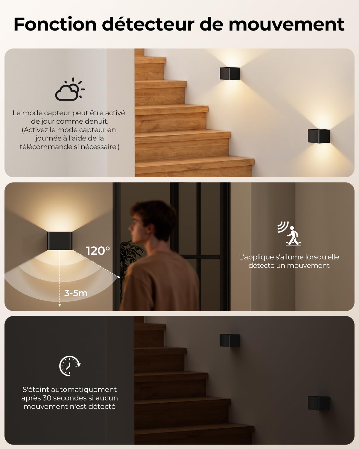 VIWAVE Applique Murale Intérieure sans fil à Détecteur de Mouvement avec Télécommande,LED Applique Murale Rechargeable avec Trois Températures de Couleur & Luminosité Réglable,Lot de 2 Noire Appliques