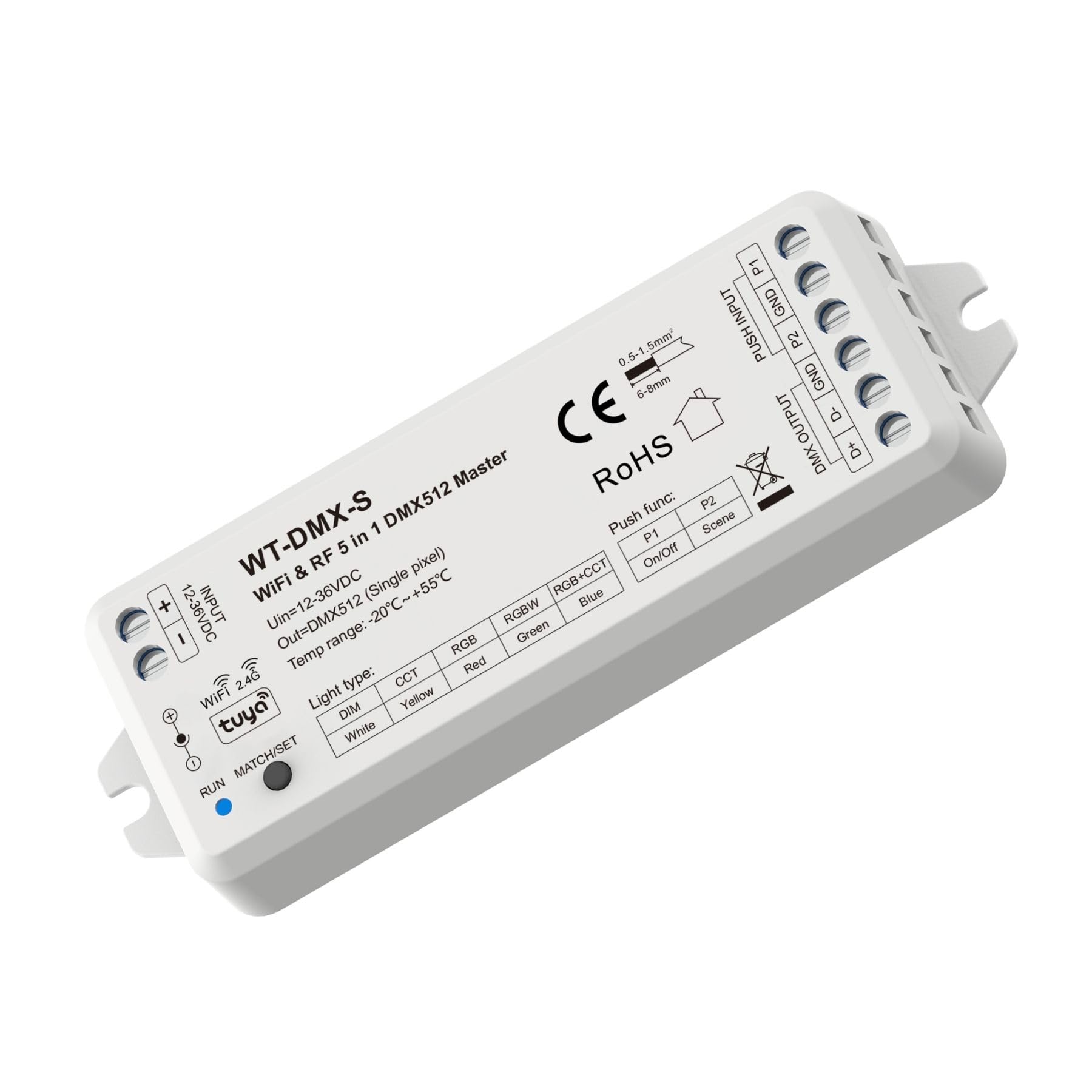 Controlador WiFi DMX512 Master, App Tuya Smart Life, RF 2.4 GHz y botón pulsador NO, 5 en 1 para DIM CCT RGB RGBW RGB+CCT, 12 V, 24 V, 36 V CC, 8 bits 16 bits, control por voz
