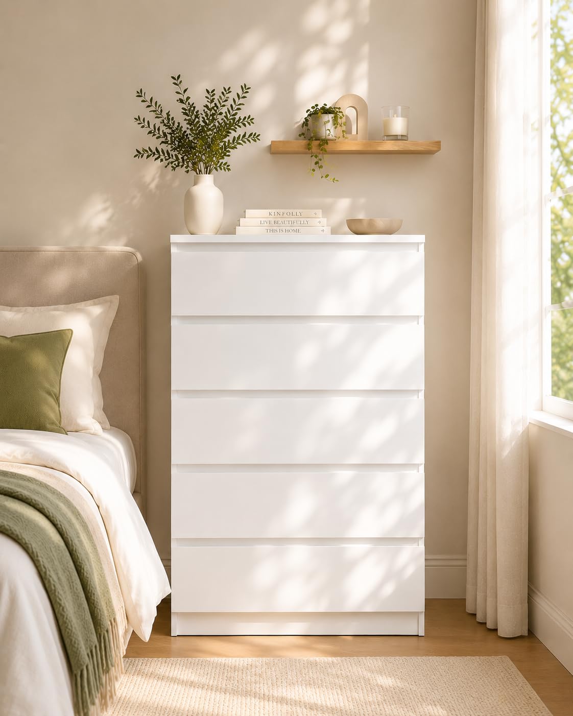 Cómoda Dormitorio 5 Cajones, Cajonera Blanca, Sinfonier Alto y Estrecho, Mueble Auxiliar para Dormitorio, Salón y Pasillo, 60 x 40 x 121 cm