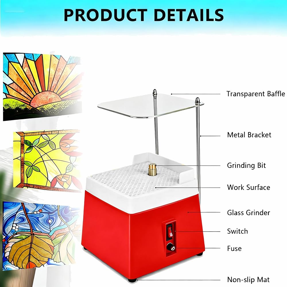 Ponceuse à Verre Portable,220V,65W,4200 tr/min,avec Fonction d'Aspiration Automatique,Protecteur Transparent,2 Têtes Meuleuses Interchangeables et Accessoires de 34 pcs pour Verre et Céramique (Rouge)