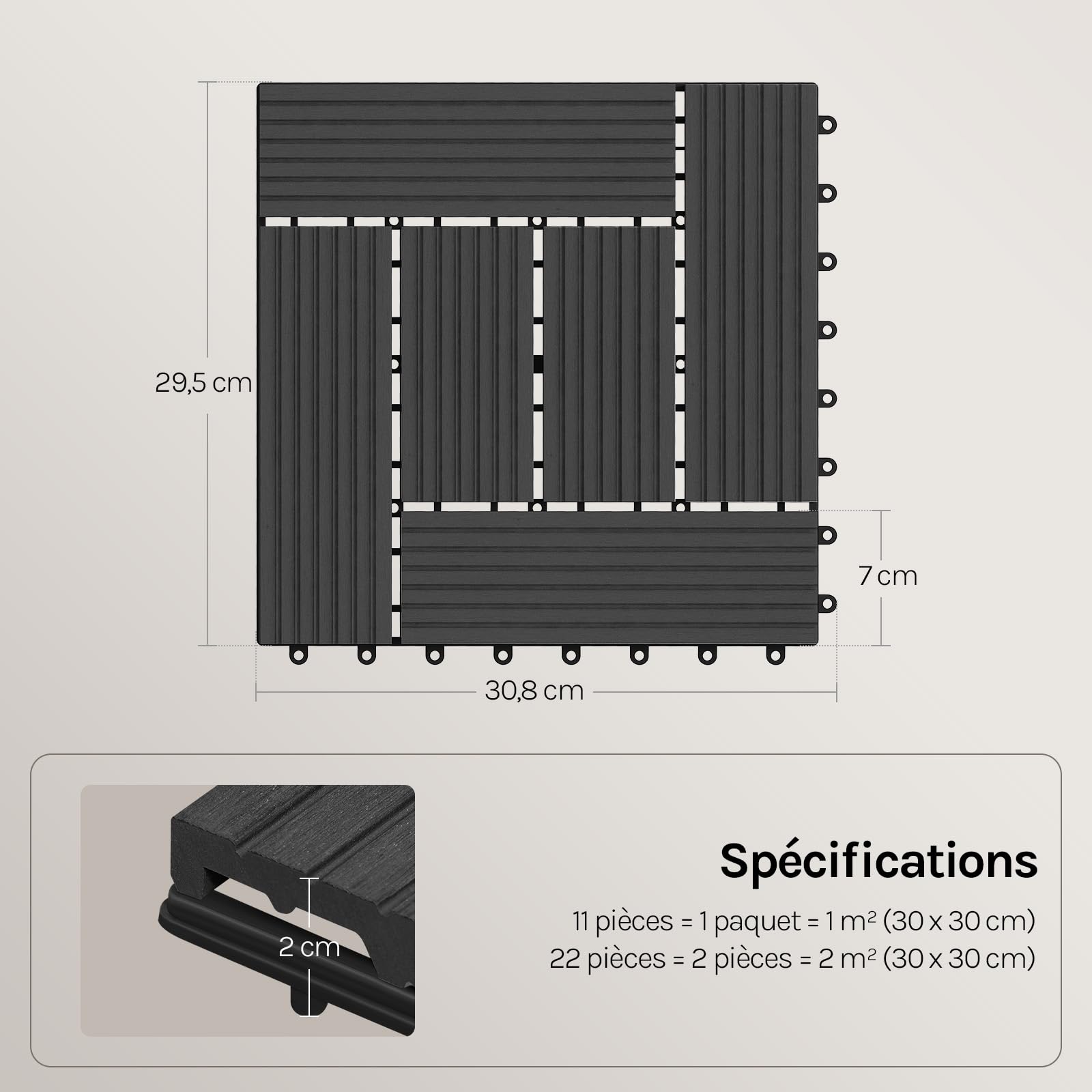 WOLTU 22 pièces Carrelage de sol Dalle WPC 30x30cm pour jardin terrasse extèrieur fixation plug-in, Anthracite 2 m²